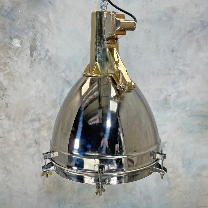 1970s Japanese XL Stainless Steel, Cast Brass & Glass Search Light Pendant For Sale 1