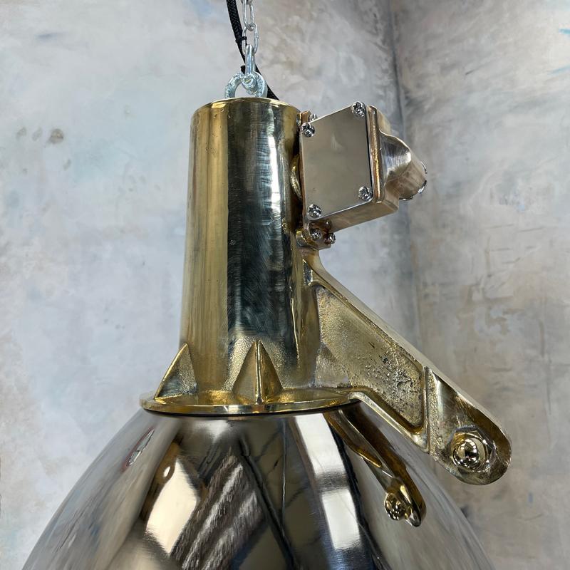 1970s Japanese XL Stainless Steel, Cast Brass & Glass Search Light Pendant For Sale 3