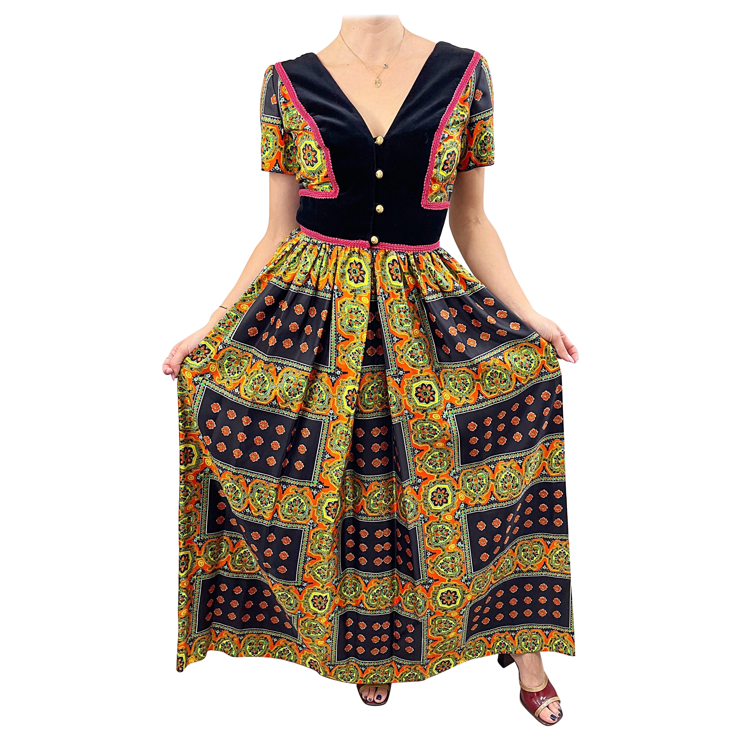 1970s Jay Morley For Fern Violette Size 6 Abstract Mosaic Print 70s Maxi Dress