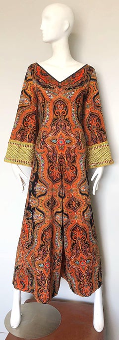 1970er Jahre Jay Morley Vintage Paisley Velour Pailletten Glocke Ärmel 70er Jahre Palazzo Jumpsuit