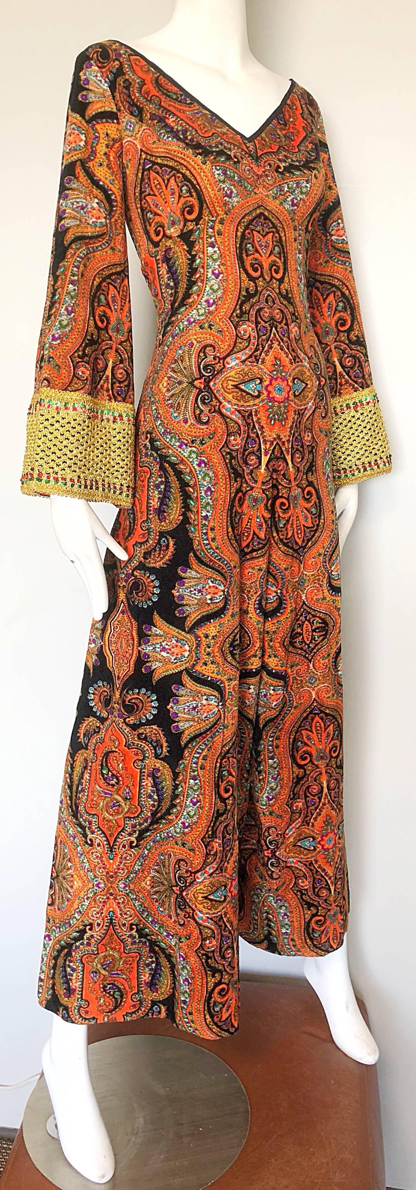 Brown 1970s Jay Morley Vintage Paisley Velour Sequin Bell Sleeve 70s Palazzo Jumpsuit