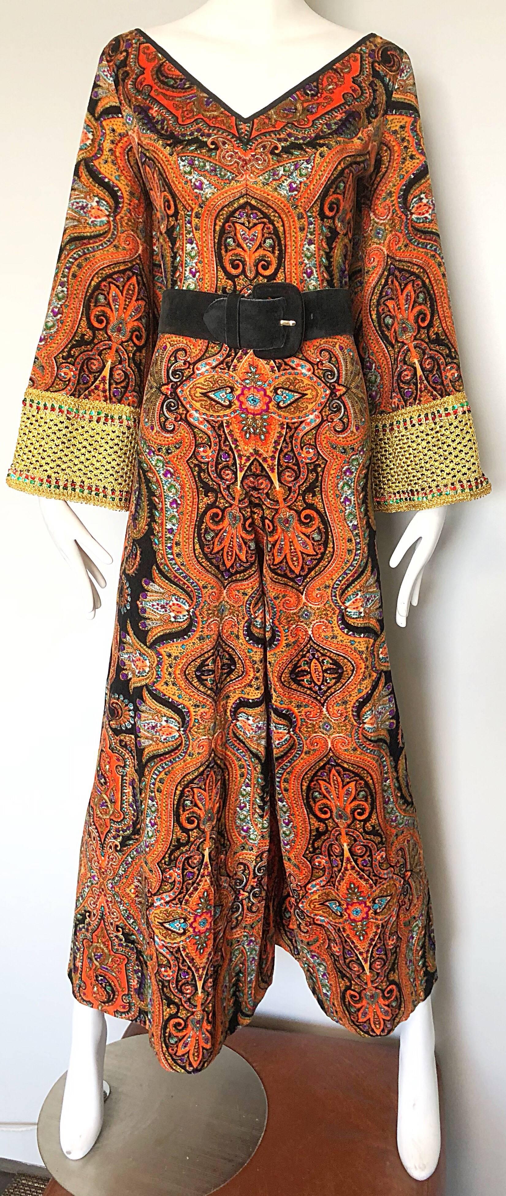 1970s Jay Morley Vintage Paisley Velour Sequin Bell Sleeve 70s Palazzo Jumpsuit In Excellent Condition In San Diego, CA