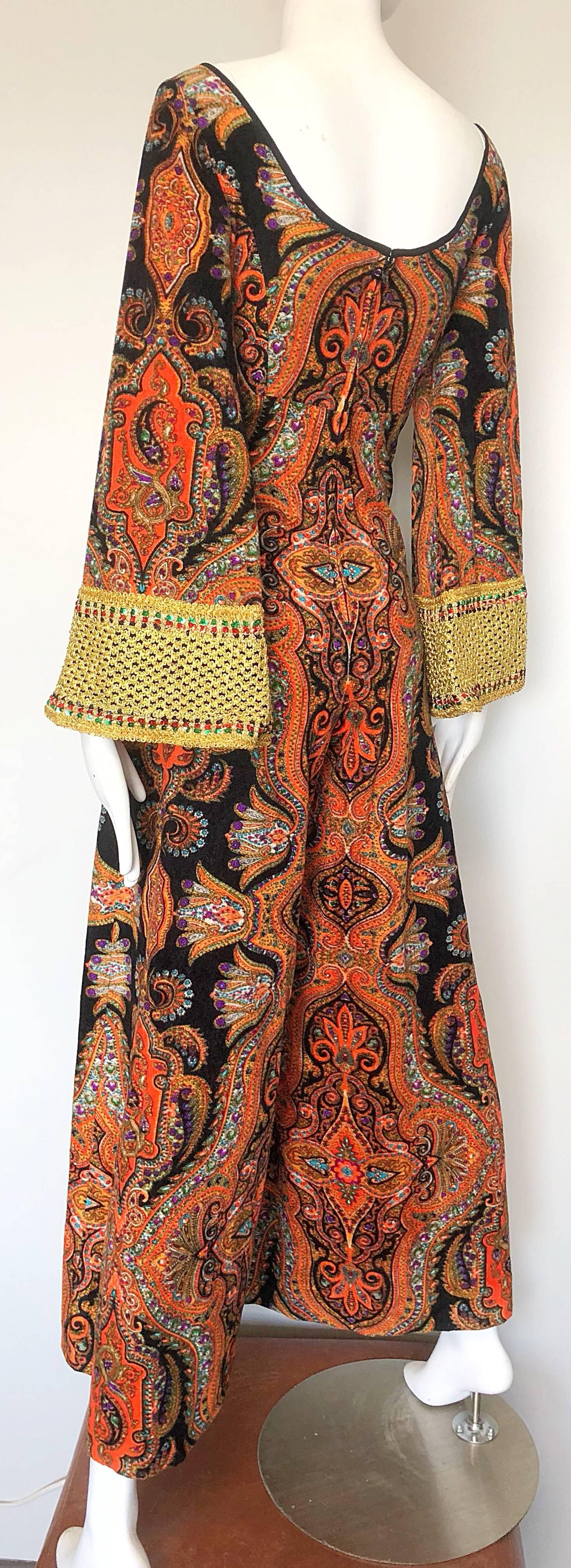 Women's 1970s Jay Morley Vintage Paisley Velour Sequin Bell Sleeve 70s Palazzo Jumpsuit