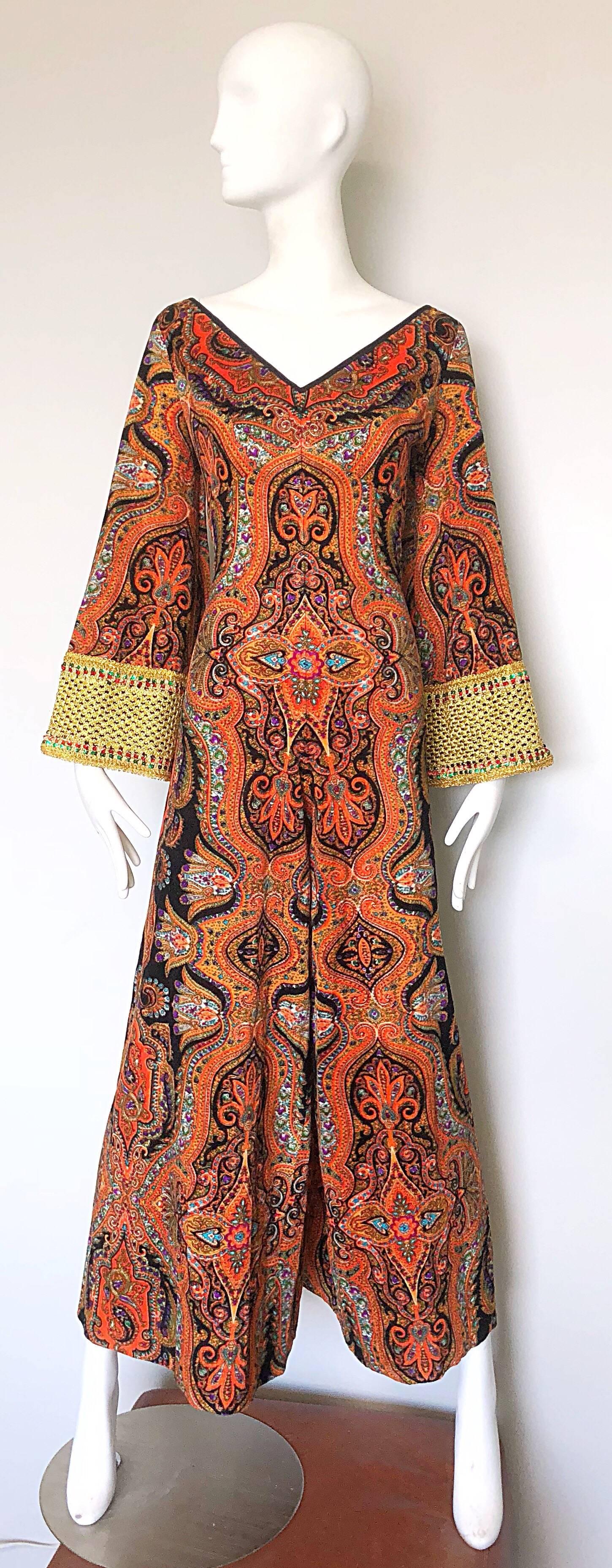 1970s Jay Morley Vintage Paisley Velour Sequin Bell Sleeve 70s Palazzo Jumpsuit 1