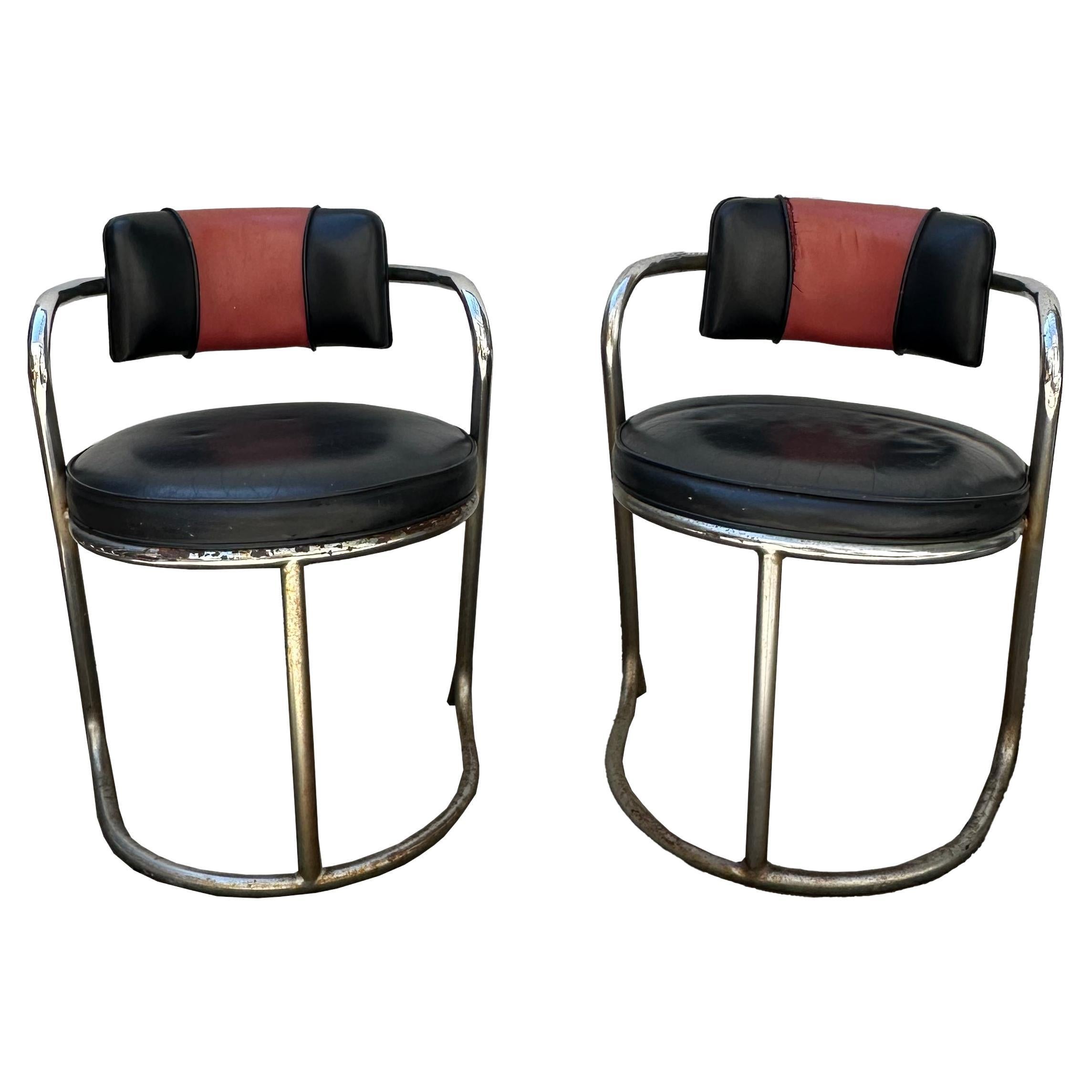 1970s Jazz Art Deco Revival Chrome and Leather Chairs