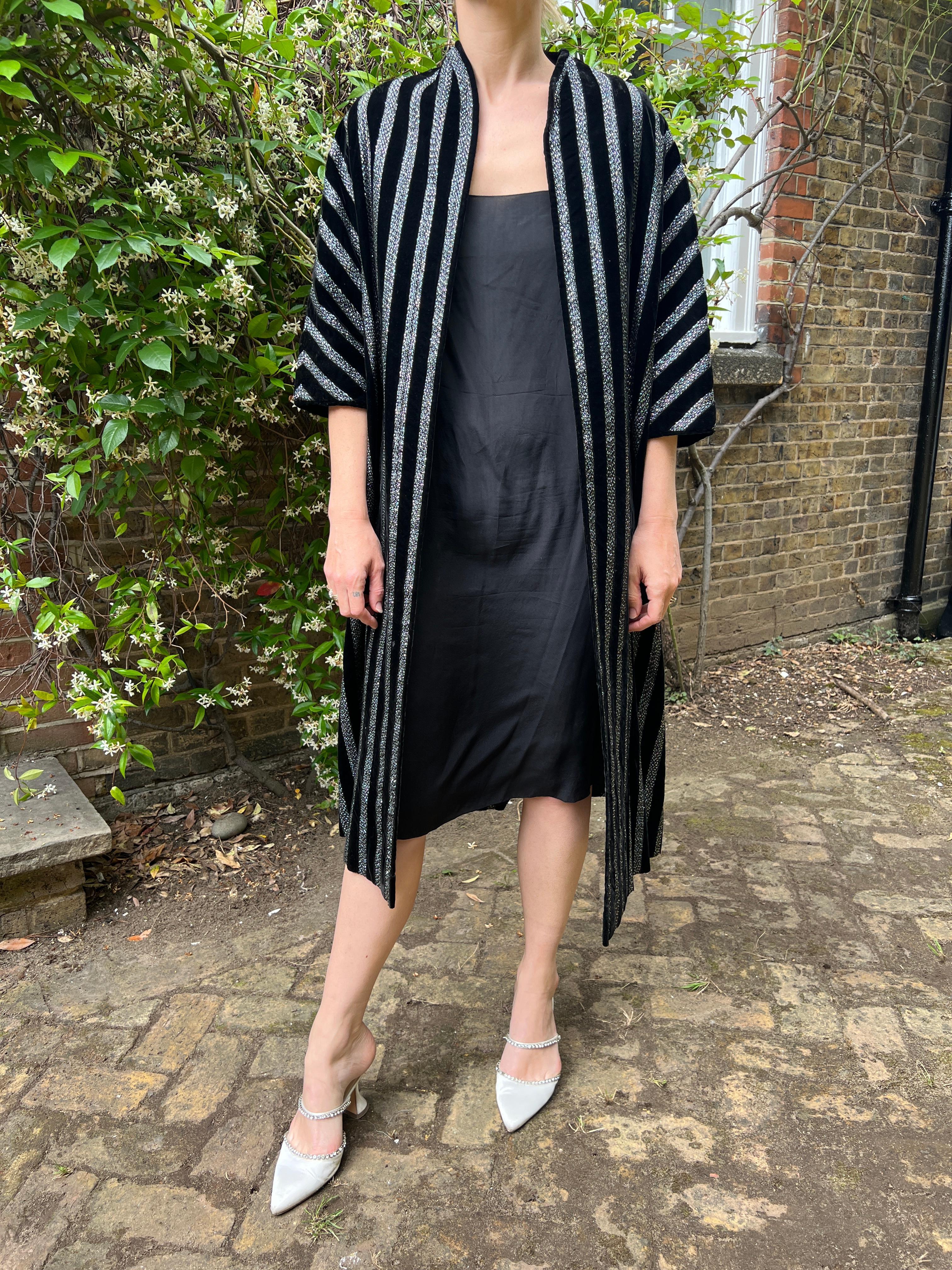 1970s Jean Damien Couture Black Velvet Metallic Duster Coat For Sale 3