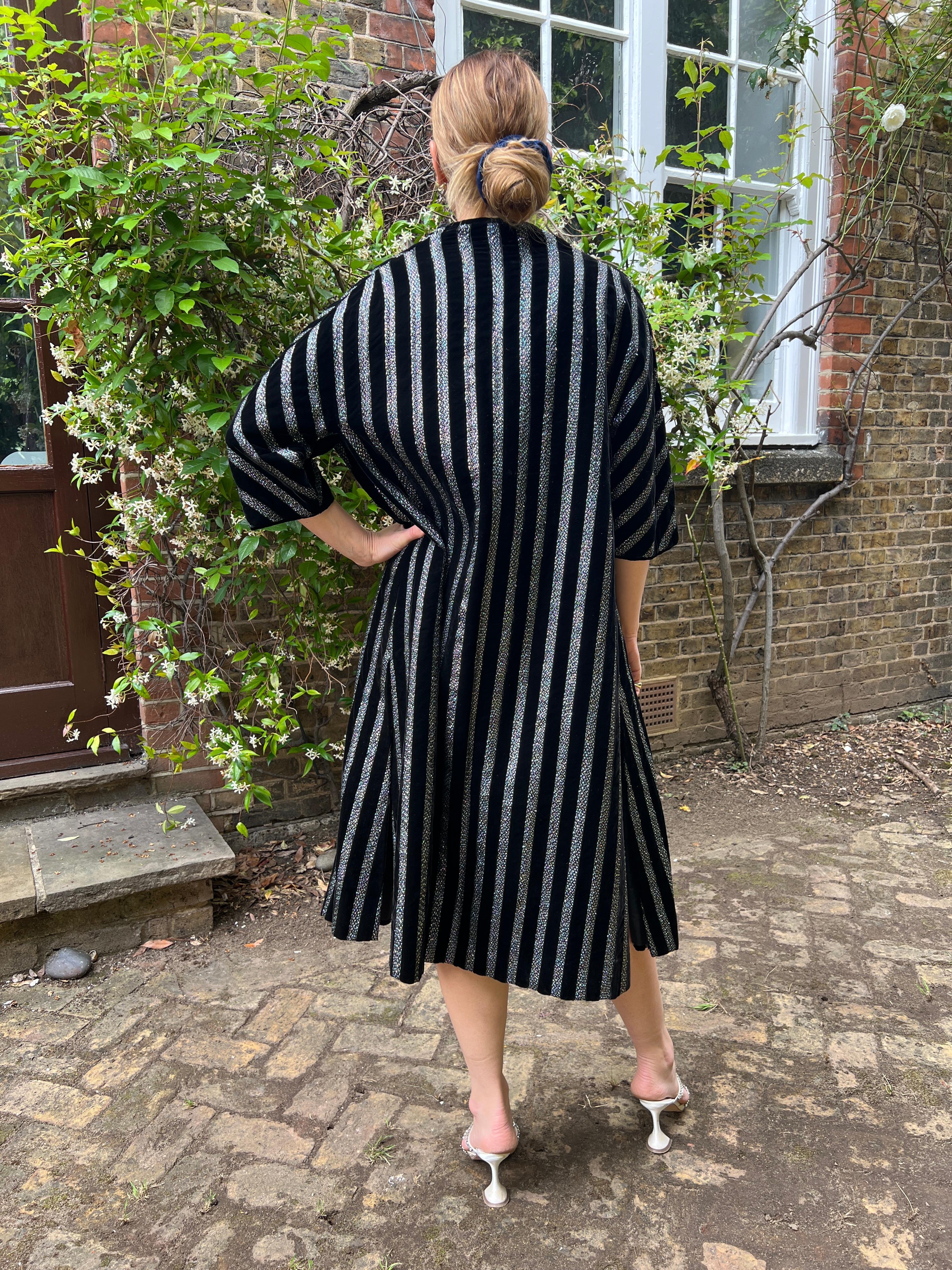 1970s Jean Damien Couture Black Velvet Metallic Duster Coat For Sale 4
