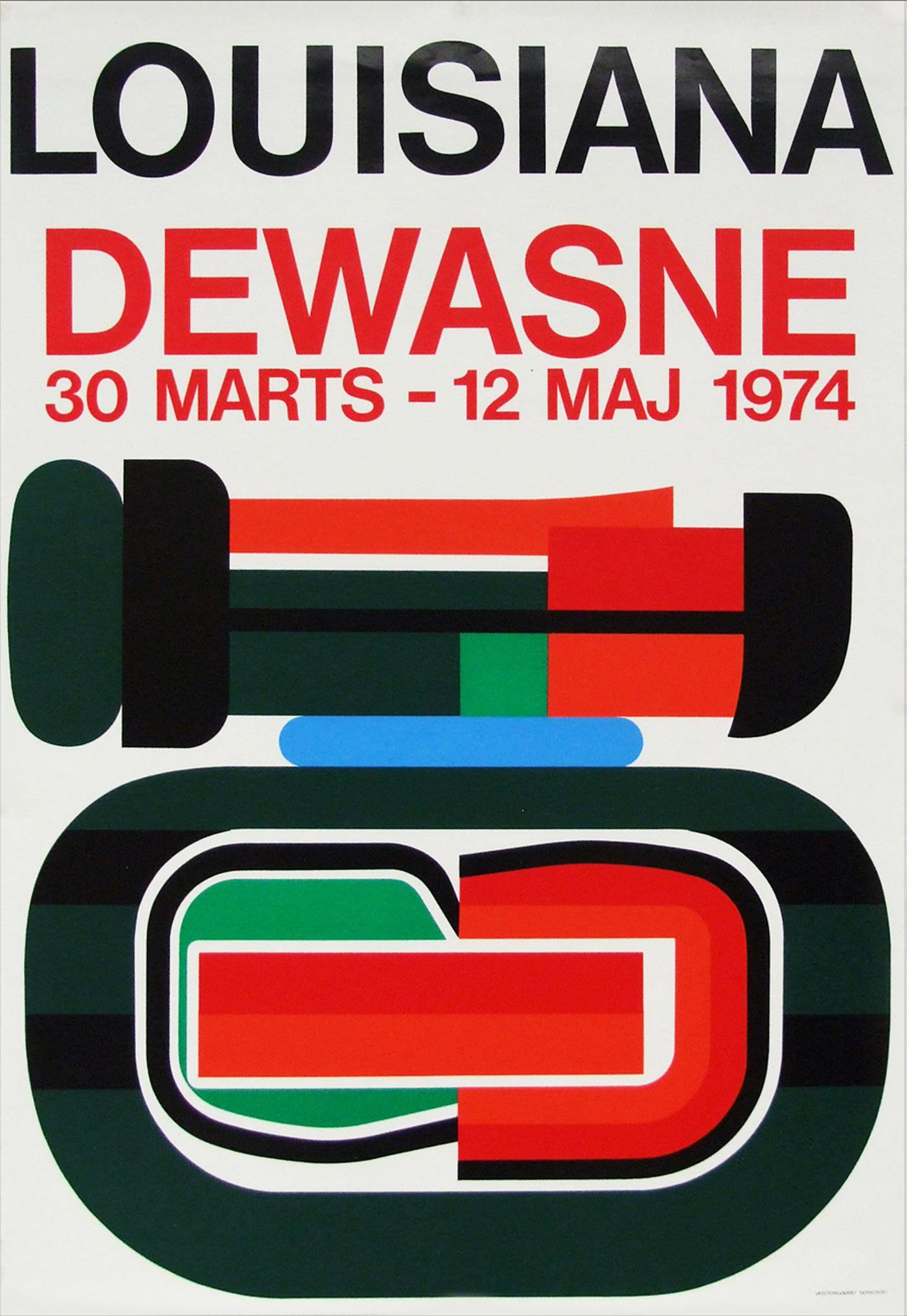 Original 1974 promotional poster for the Jean Dewasne exhibition at the Louisiana Museum, Denmark.

First edition color offset lithograph printed by Vestergaard Serigrafi

Rolled.

Measures: L 90cm x W 62cm.