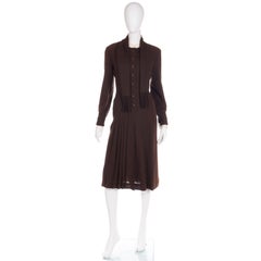 1970s Jean Louis I Magnin Brown Pleated Dress With Fringe Scarf