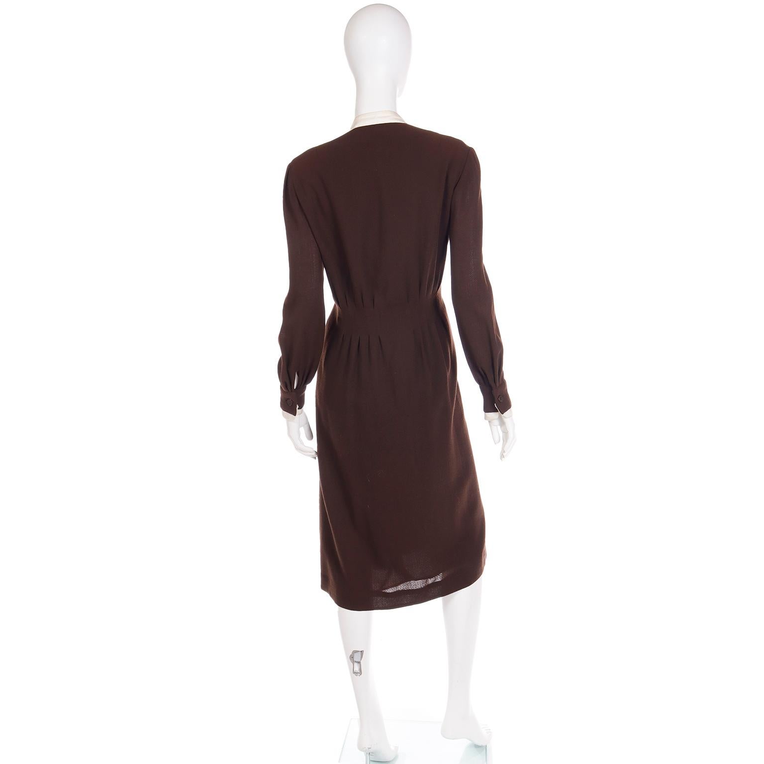 Women's 1970s Jean Louis I Magnin Brown Pleated Dress With Fringe Scarf For Sale
