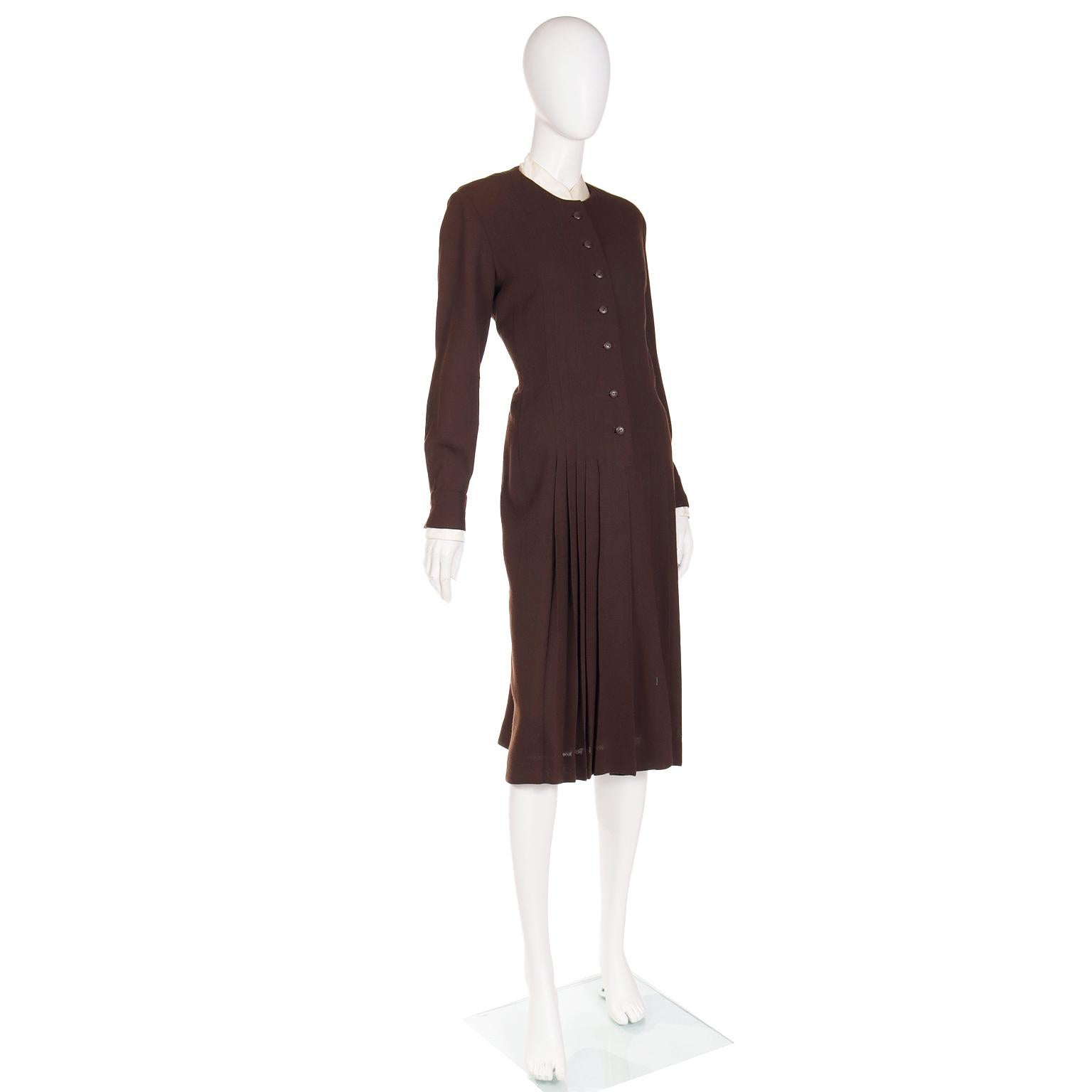 1970s Jean Louis I Magnin Brown Pleated Dress With Fringe Scarf For Sale 1