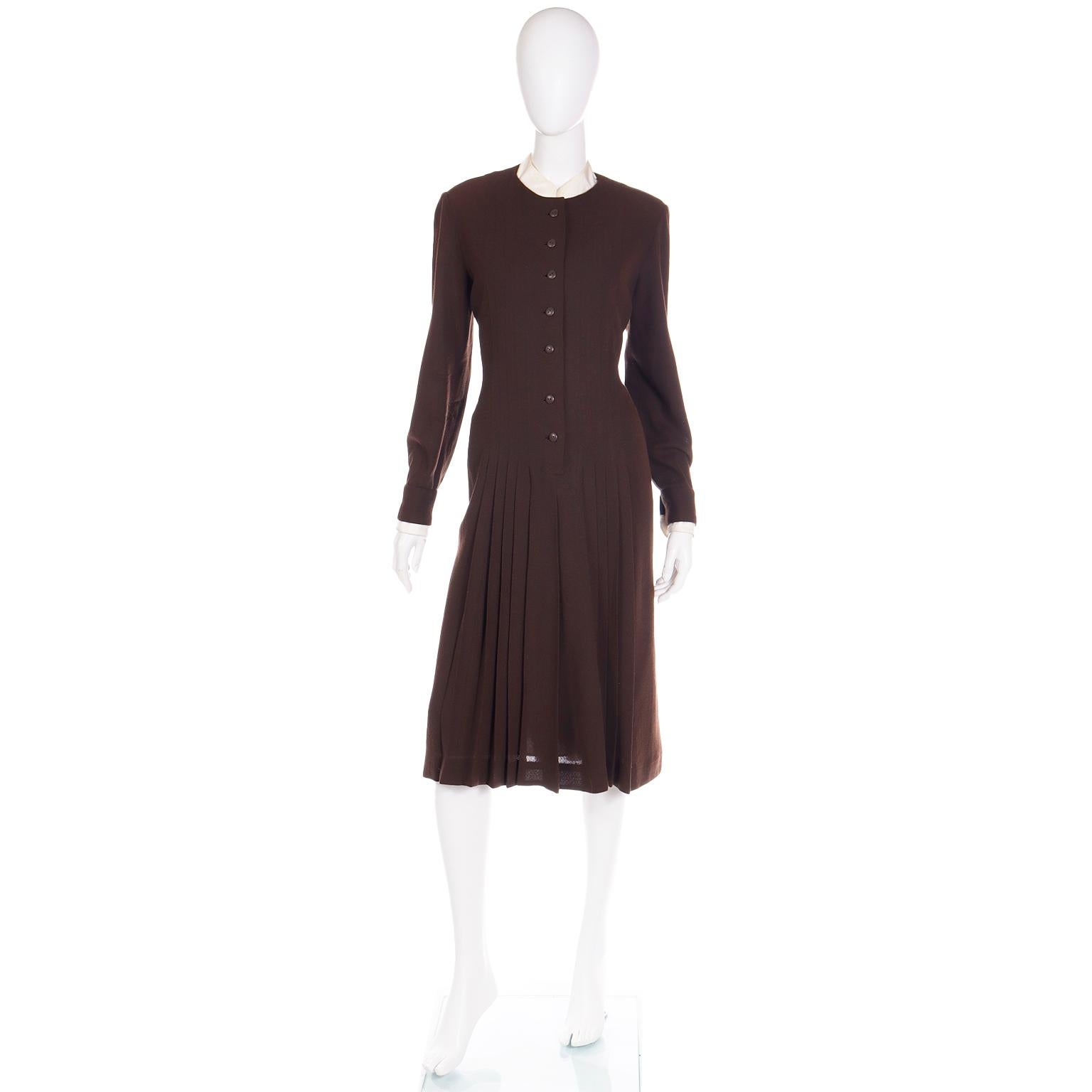 1970s Jean Louis I Magnin Brown Pleated Dress With Fringe Scarf For Sale 2