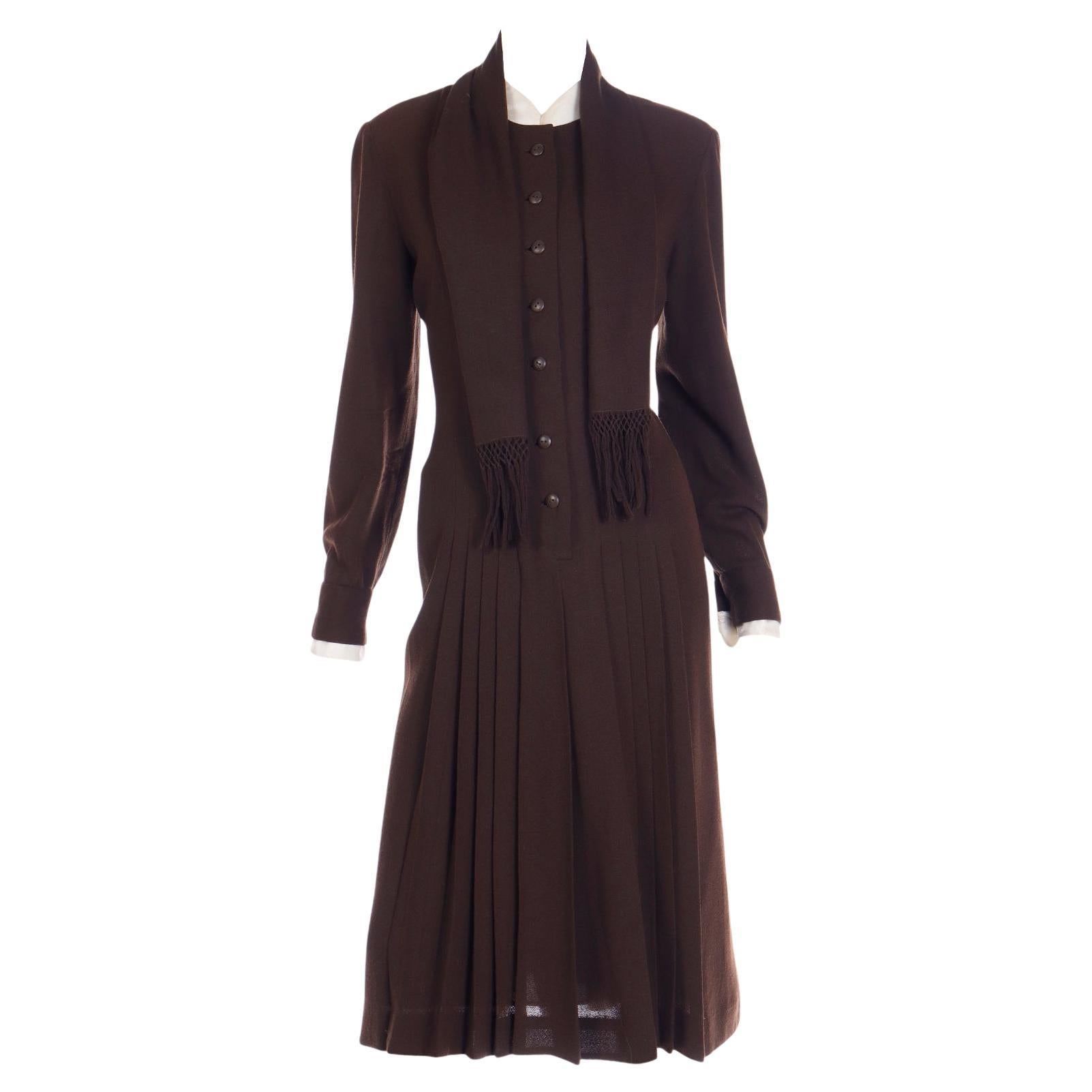 1970s Jean Louis I Magnin Brown Pleated Dress With Fringe Scarf For Sale