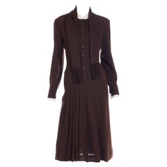 1970s Jean Louis I Magnin Brown Pleated Dress With Fringe Scarf