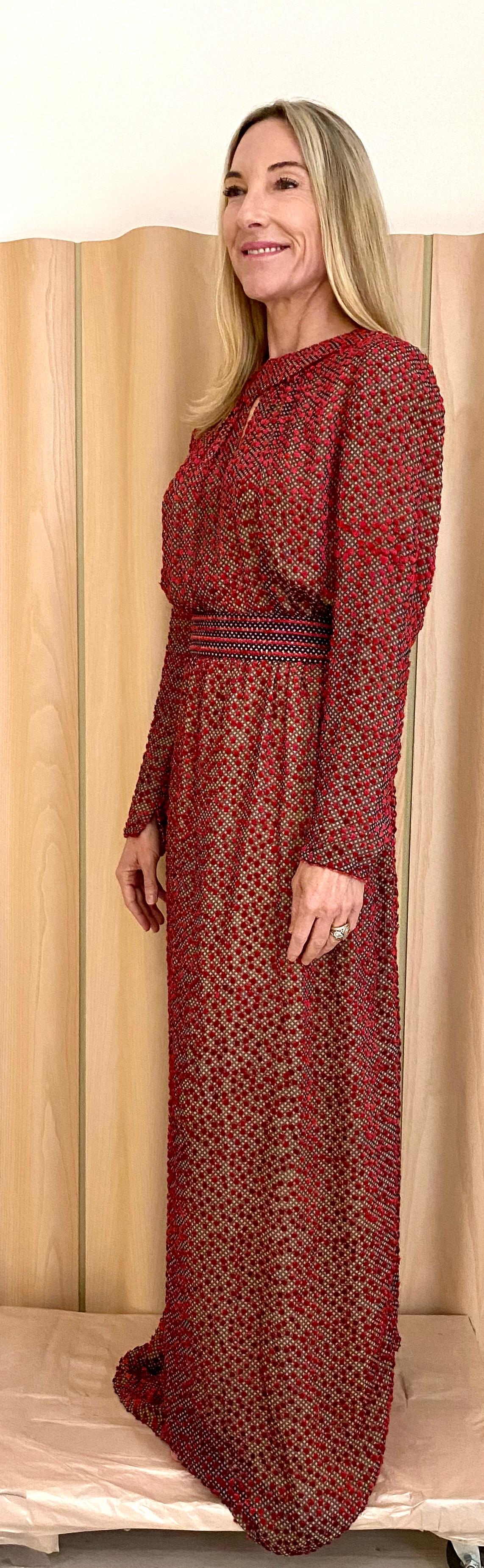 Brown 1970s Jean Louis Red Silk Velvet Long Sleeve Maxi dress
