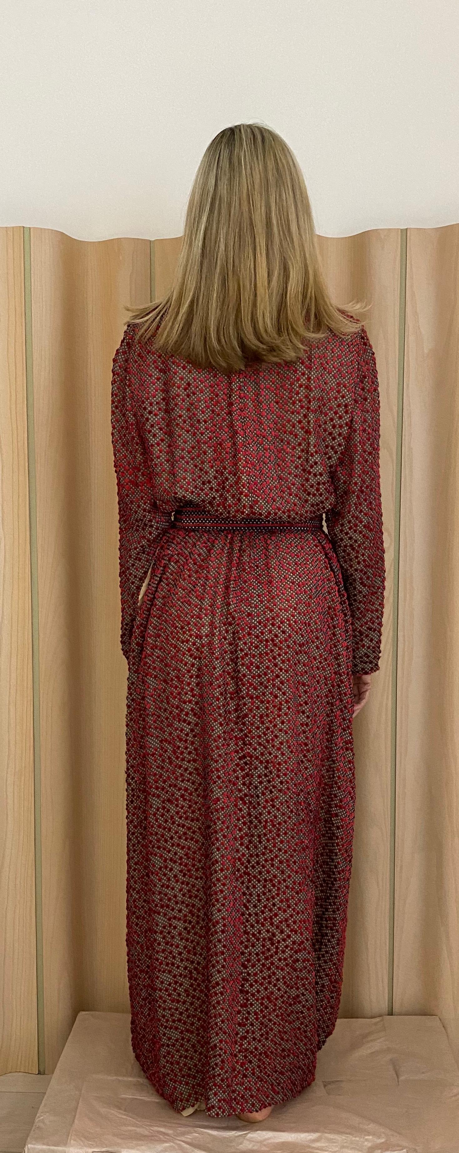 Women's 1970s Jean Louis Red Silk Velvet Long Sleeve Maxi dress
