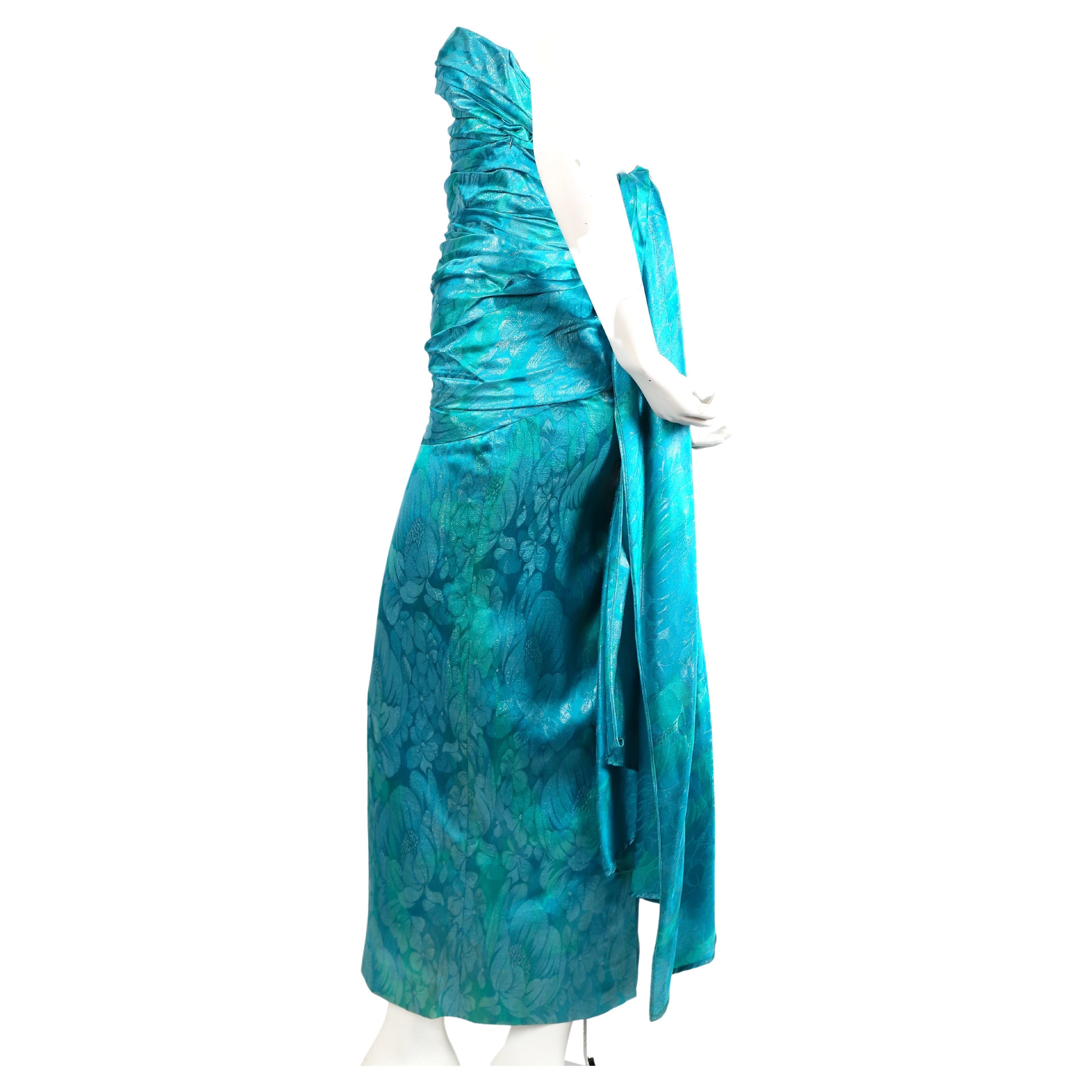 Dramatic, ruched, teal silk brocade, demi-couture dress with hidden corset from Jean-Louis Scherrer dating to the late 1970's. Labeled a French size 36. Dress measures approximately 33