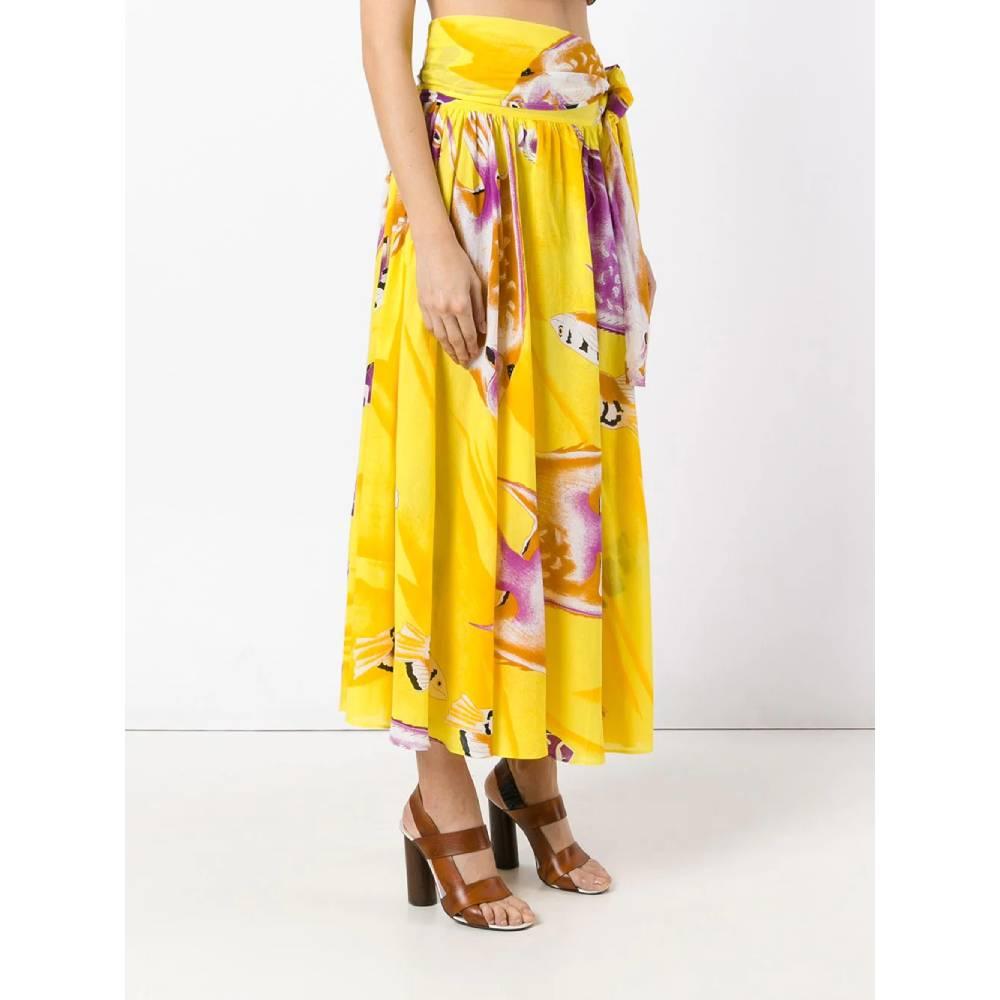 Jean-Louis Scherrer wide skirt in yellow cotton with colorful fish pattern. High waist, mid-calf length and knot closure.
Years: 70s

Made in France

Size: S

Linear measures:

Lenght: 97 cm
Waist: 35 cm