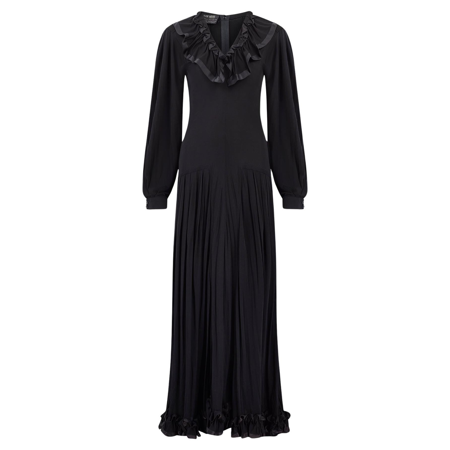 1970s Jean Muir Black Jersey Maxi Dress with Ribbon Work