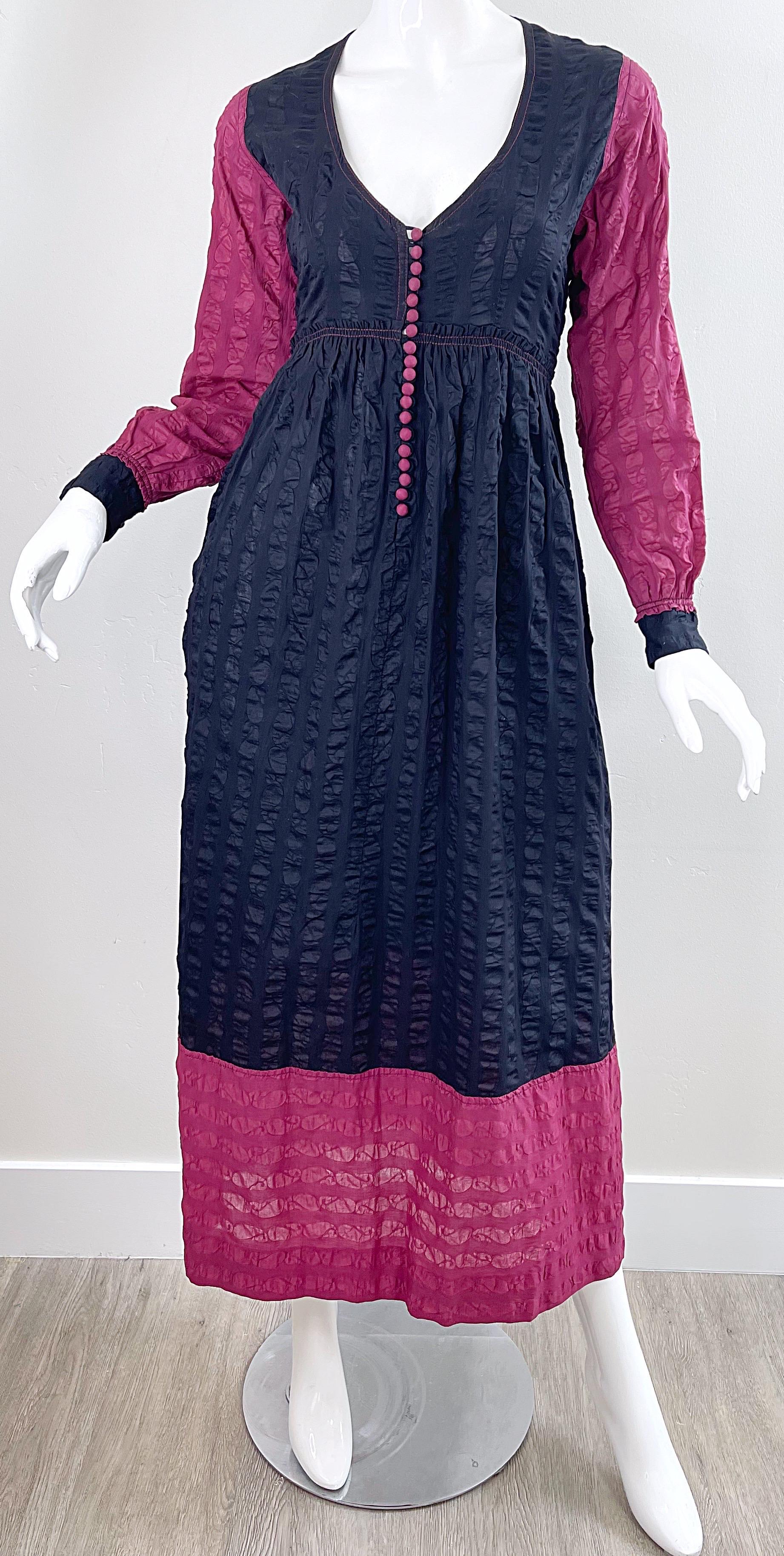 1970s Jean Muir Cotton Voile Black + Raspberry Pink Vintage 70s Maxi Dress For Sale 5