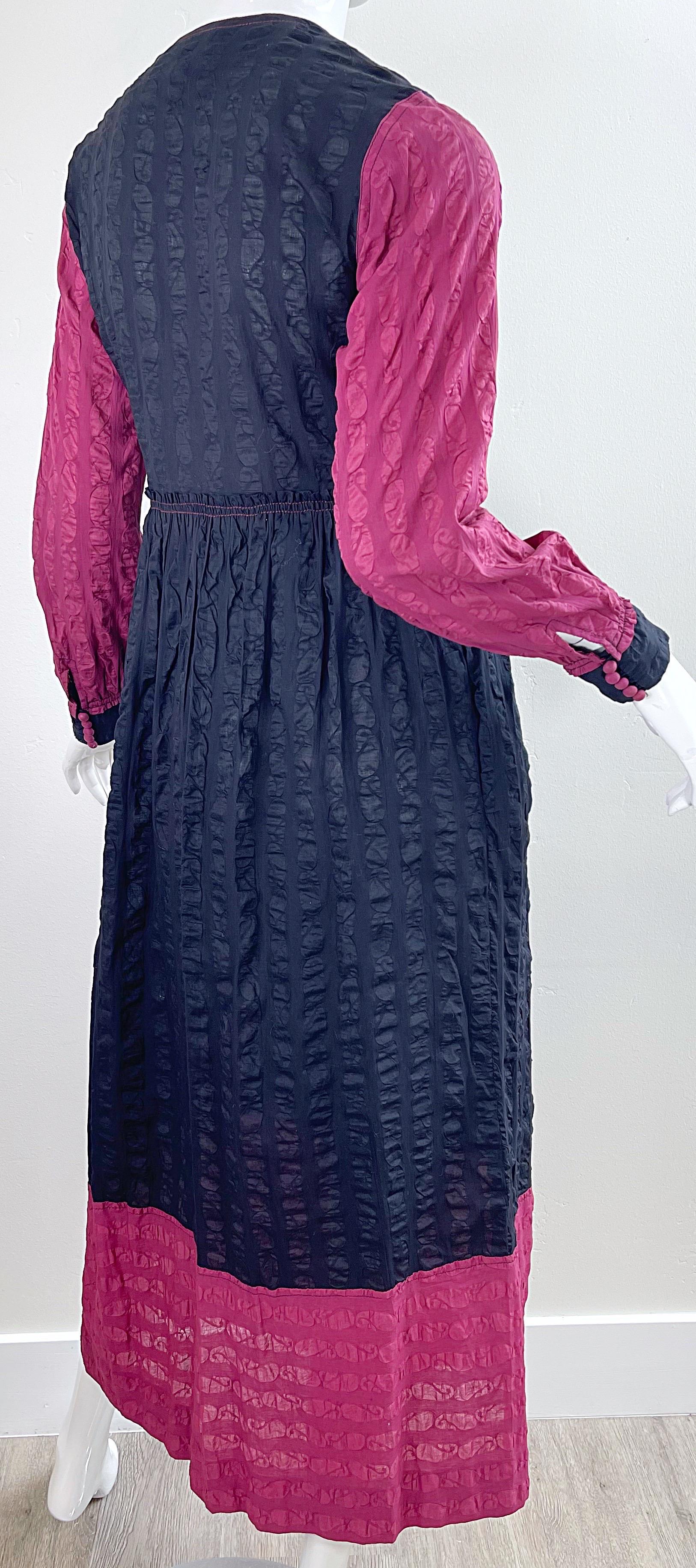 1970s Jean Muir Cotton Voile Black + Raspberry Pink Vintage 70s Maxi Dress For Sale 6