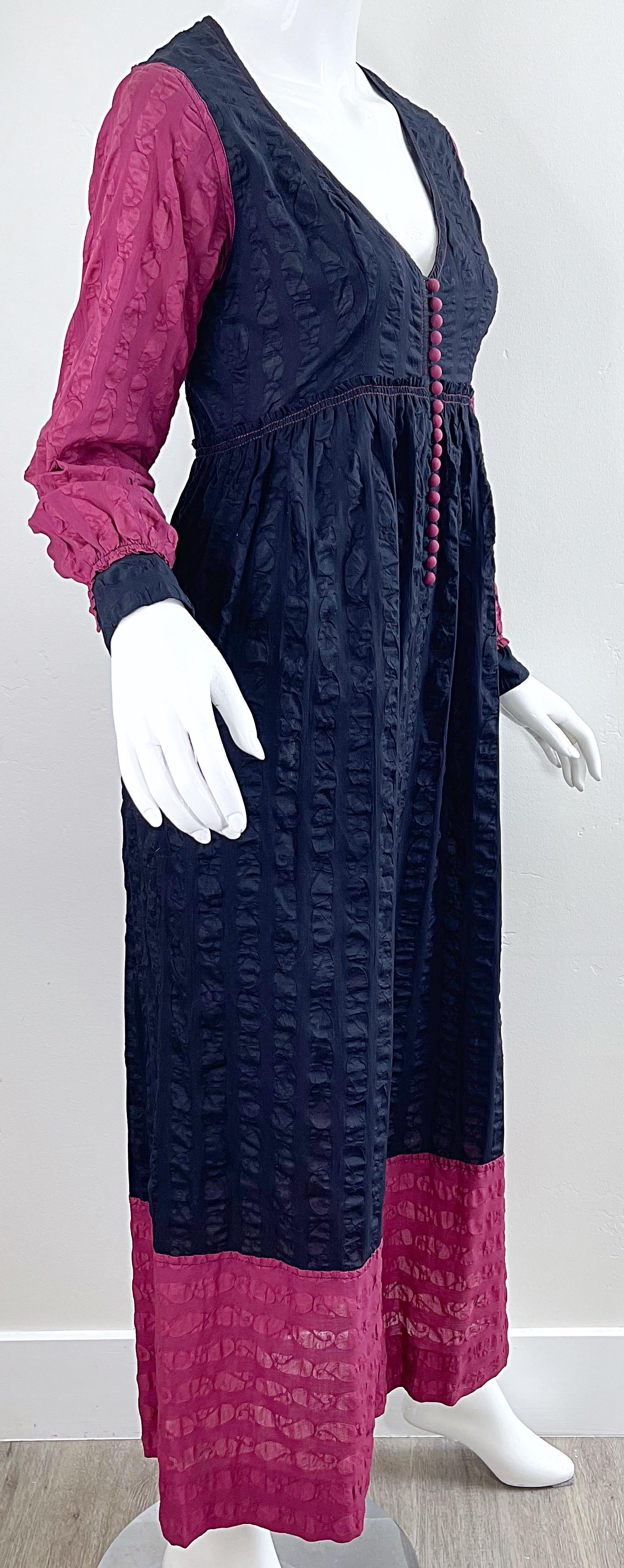 1970s Jean Muir Cotton Voile Black + Raspberry Pink Vintage 70s Maxi Dress For Sale 7