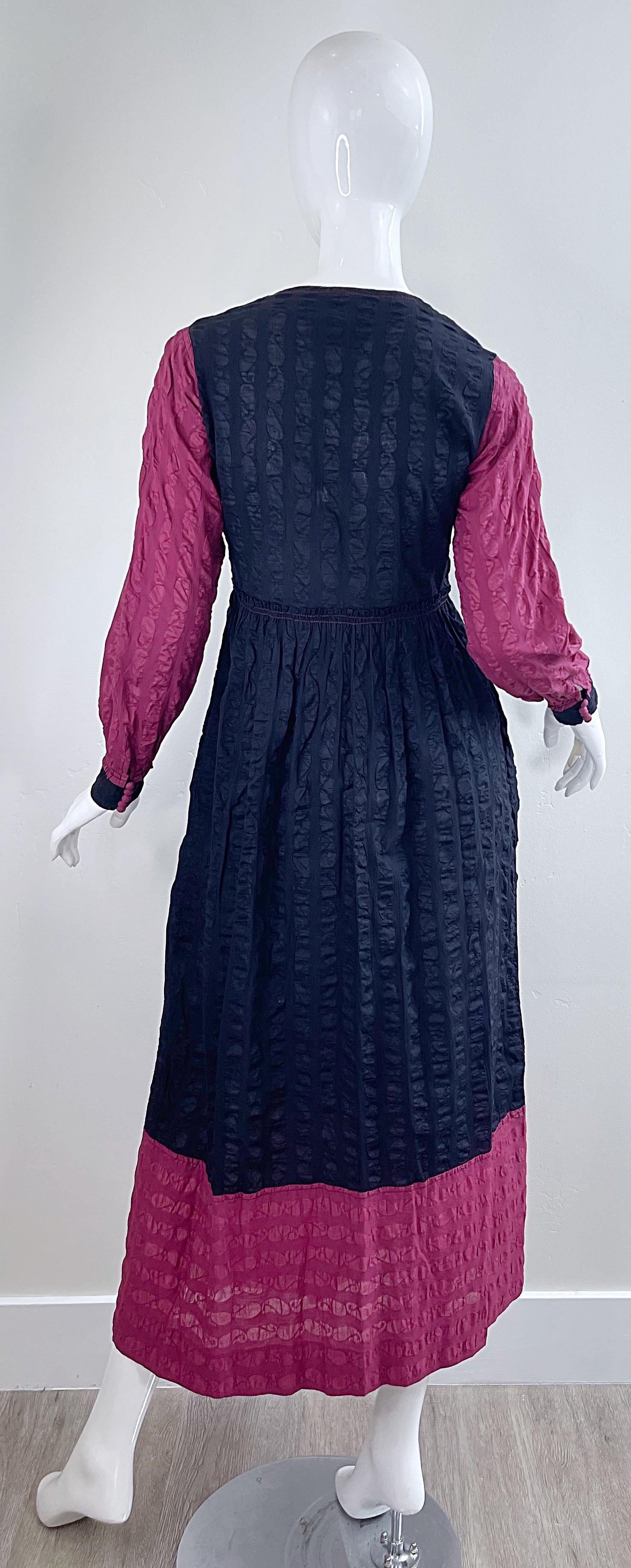 1970s Jean Muir Cotton Voile Black + Raspberry Pink Vintage 70s Maxi Dress For Sale 8