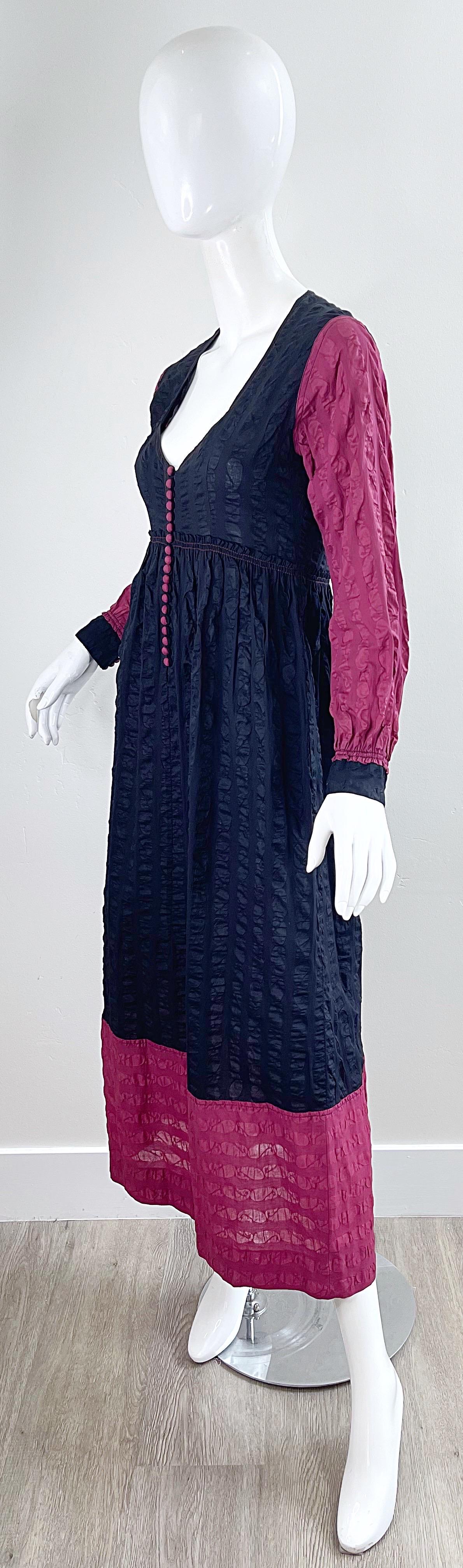 1970s Jean Muir Cotton Voile Black + Raspberry Pink Vintage 70s Maxi Dress For Sale 9
