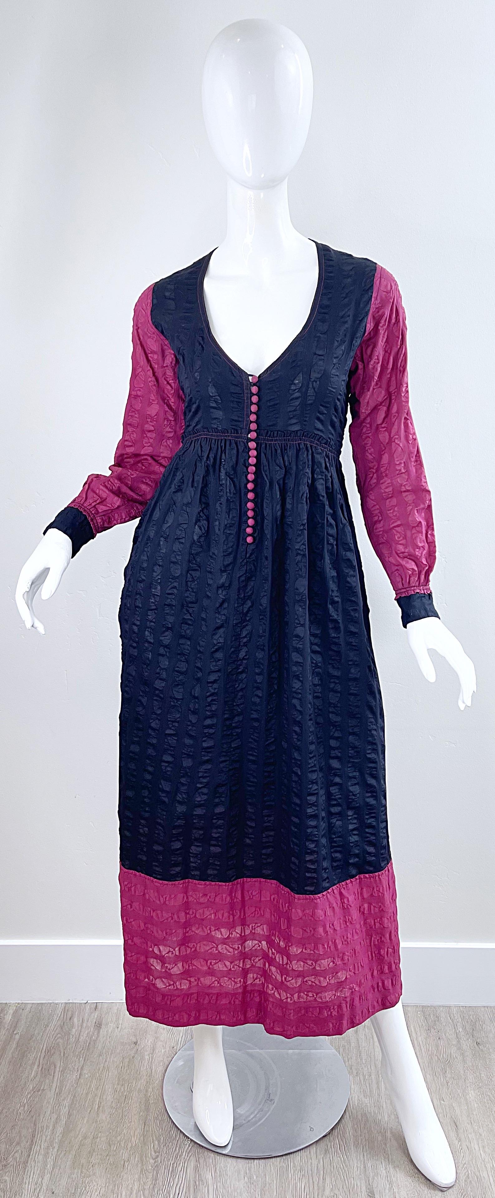 1970s Jean Muir Cotton Voile Black + Raspberry Pink Vintage 70s Maxi Dress For Sale 10