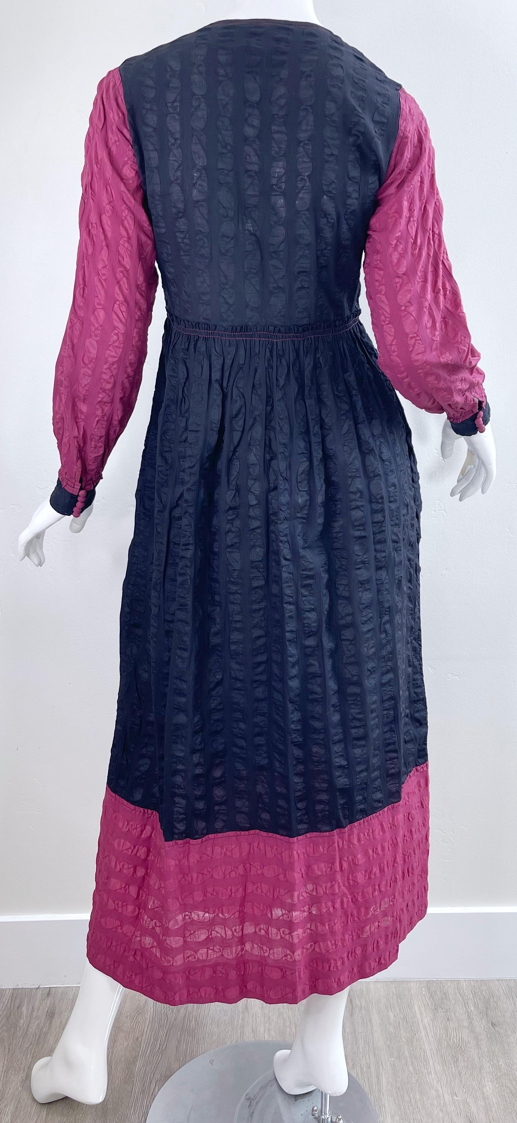 1970s Jean Muir Cotton Voile Black + Raspberry Pink Vintage 70s Maxi Dress In Excellent Condition For Sale In San Diego, CA