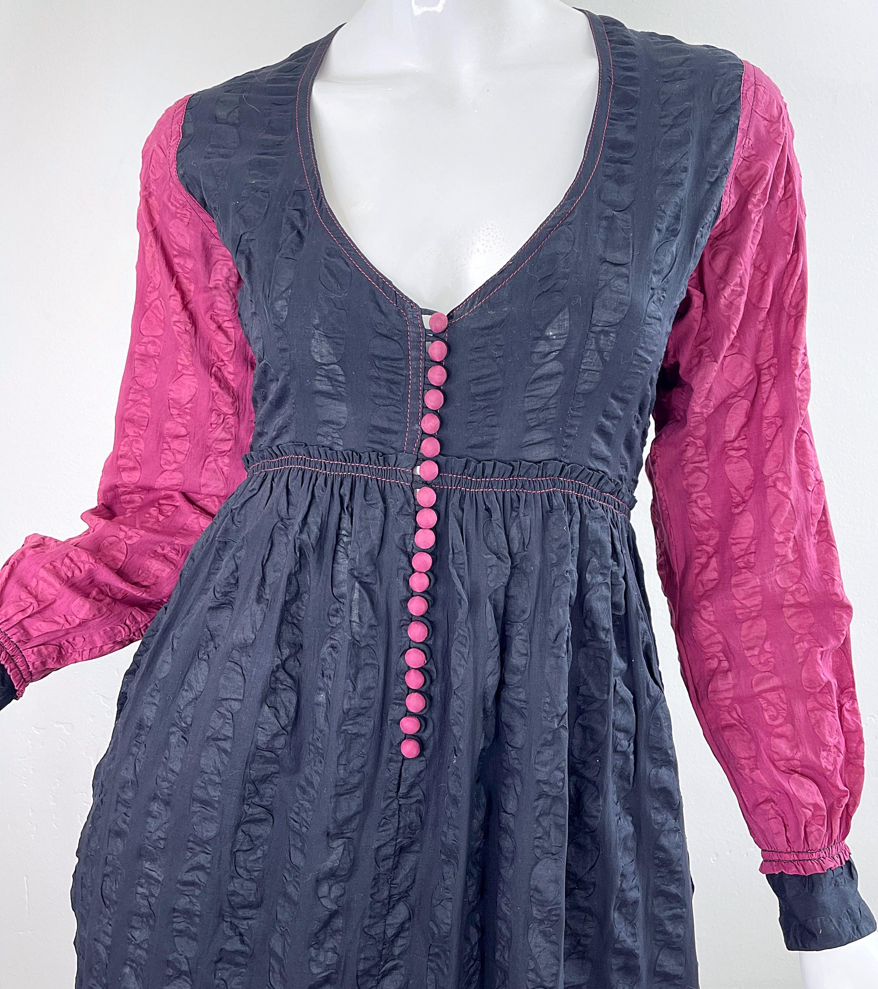 Women's 1970s Jean Muir Cotton Voile Black + Raspberry Pink Vintage 70s Maxi Dress For Sale