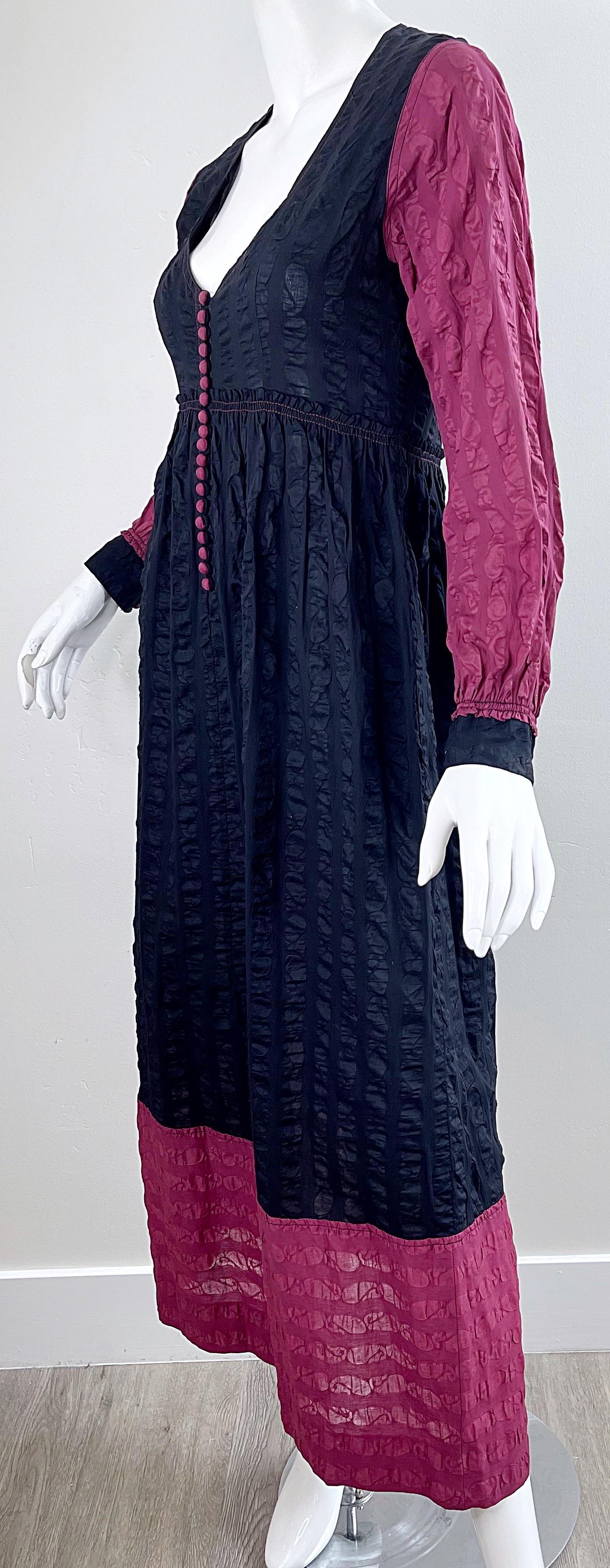 1970s Jean Muir Cotton Voile Black + Raspberry Pink Vintage 70s Maxi Dress For Sale 1