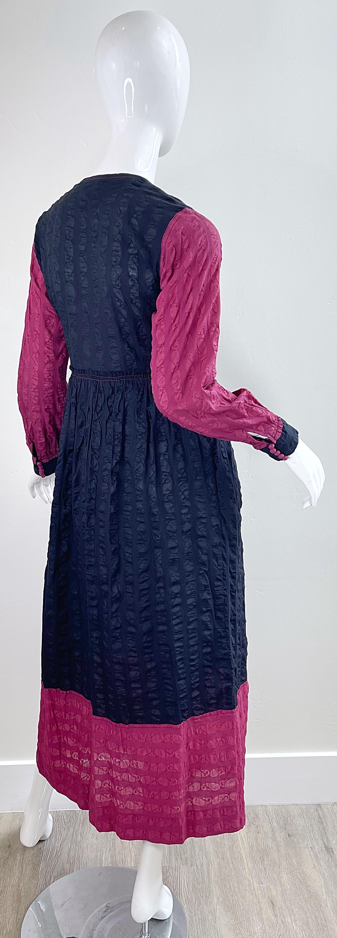 1970s Jean Muir Cotton Voile Black + Raspberry Pink Vintage 70s Maxi Dress For Sale 2