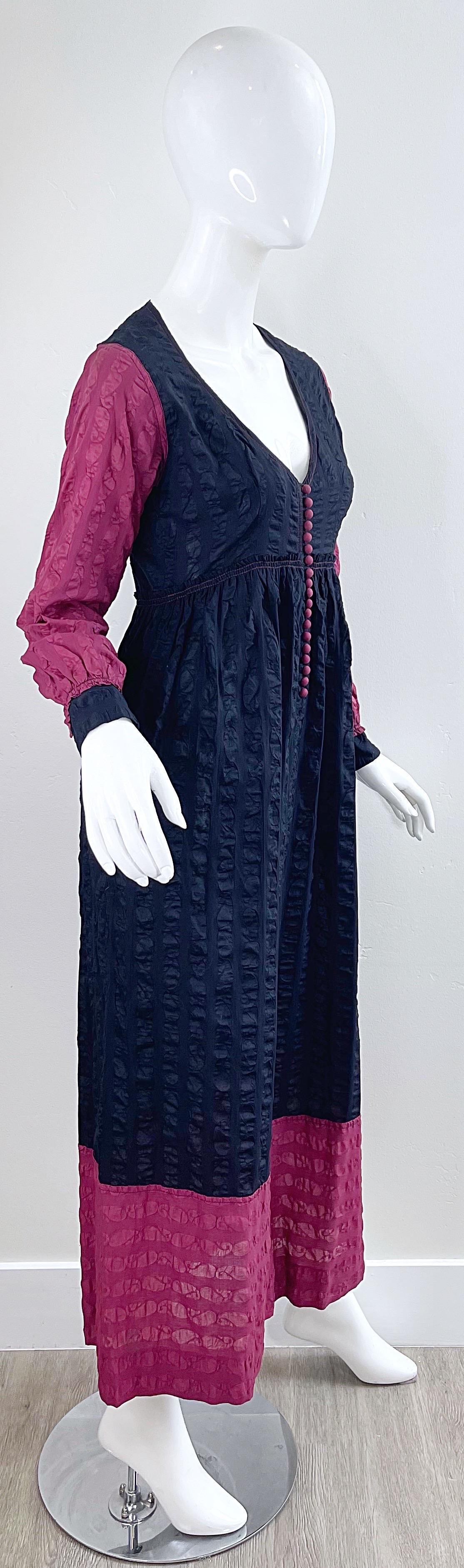 1970s Jean Muir Cotton Voile Black + Raspberry Pink Vintage 70s Maxi Dress For Sale 4