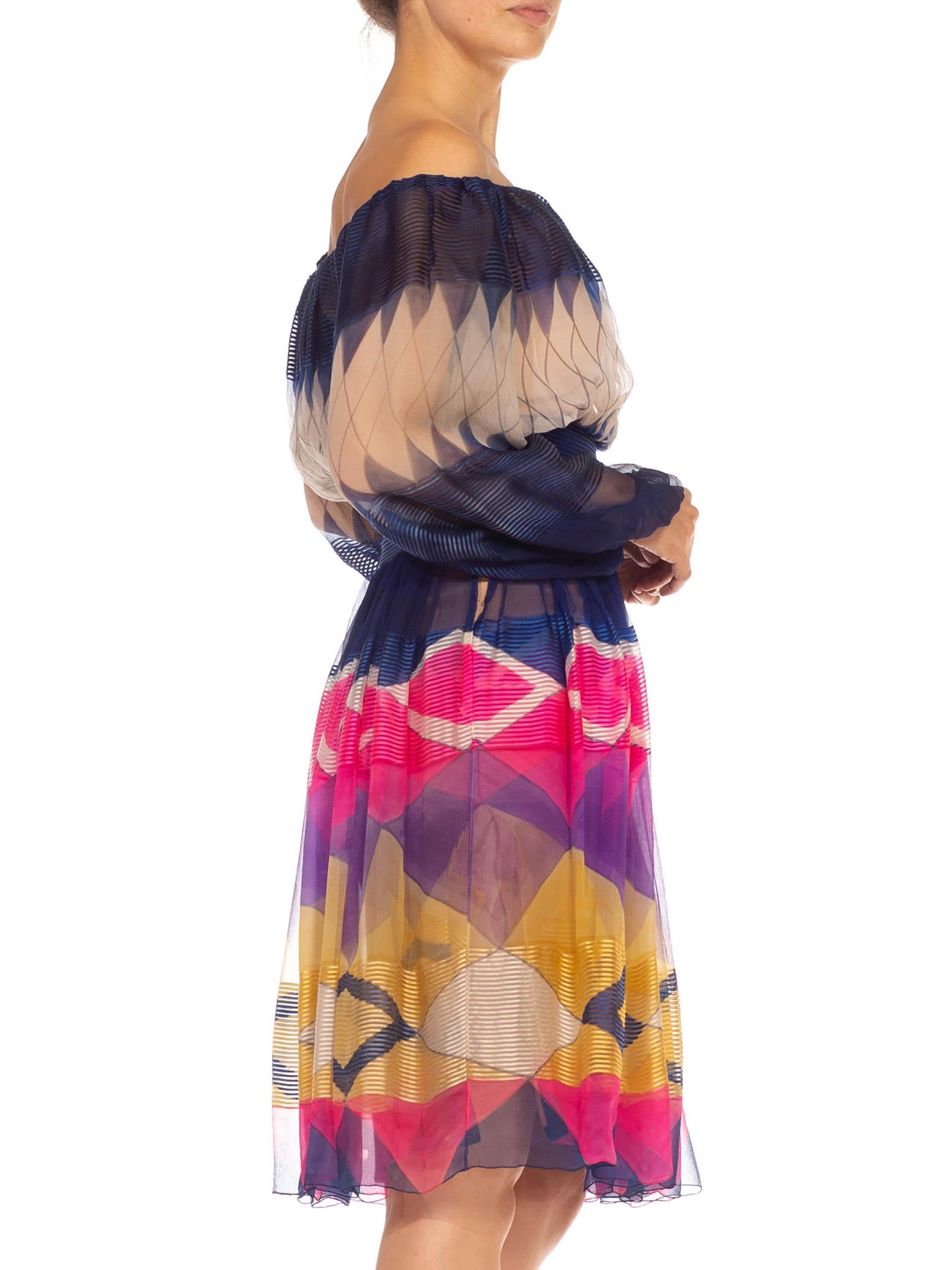 1970S Jean Patou Blue & Pink Silk Chiffon Geometric Couture Dress In Excellent Condition For Sale In New York, NY