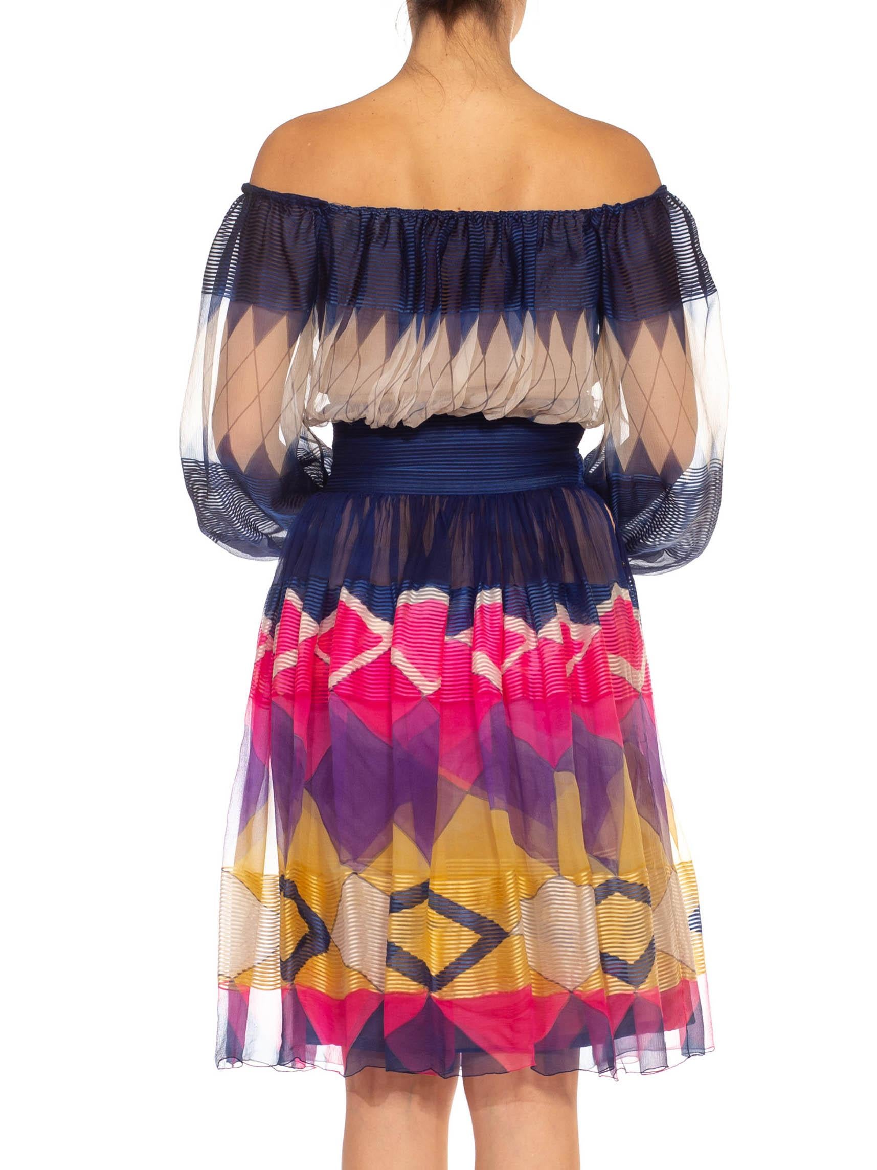 Women's 1970S Jean Patou Blue & Pink Silk Chiffon Geometric Couture Dress For Sale