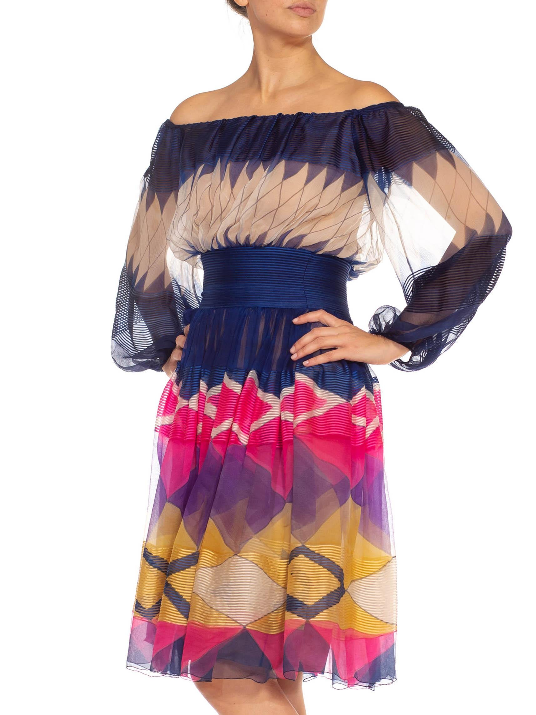 1970S Jean Patou Blue & Pink Silk Chiffon Geometric Couture Dress For Sale 1