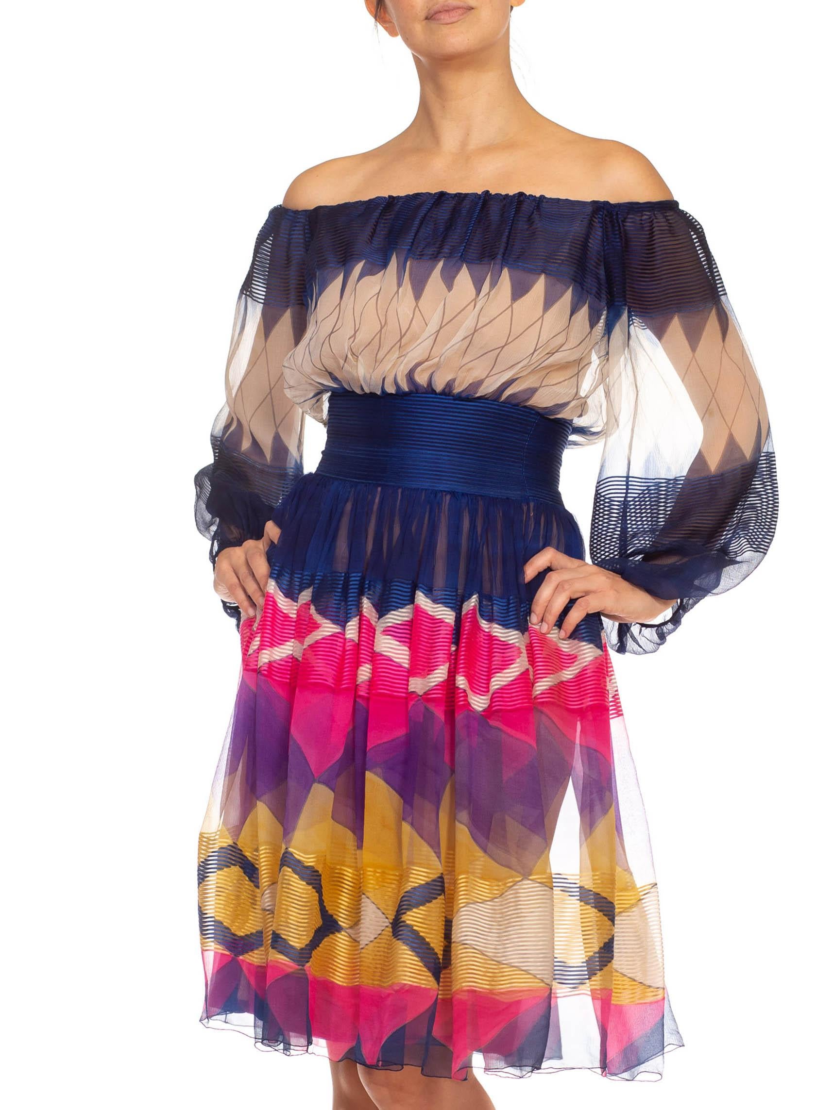 1970S Jean Patou Blue & Pink Silk Chiffon Geometric Couture Dress For Sale 2