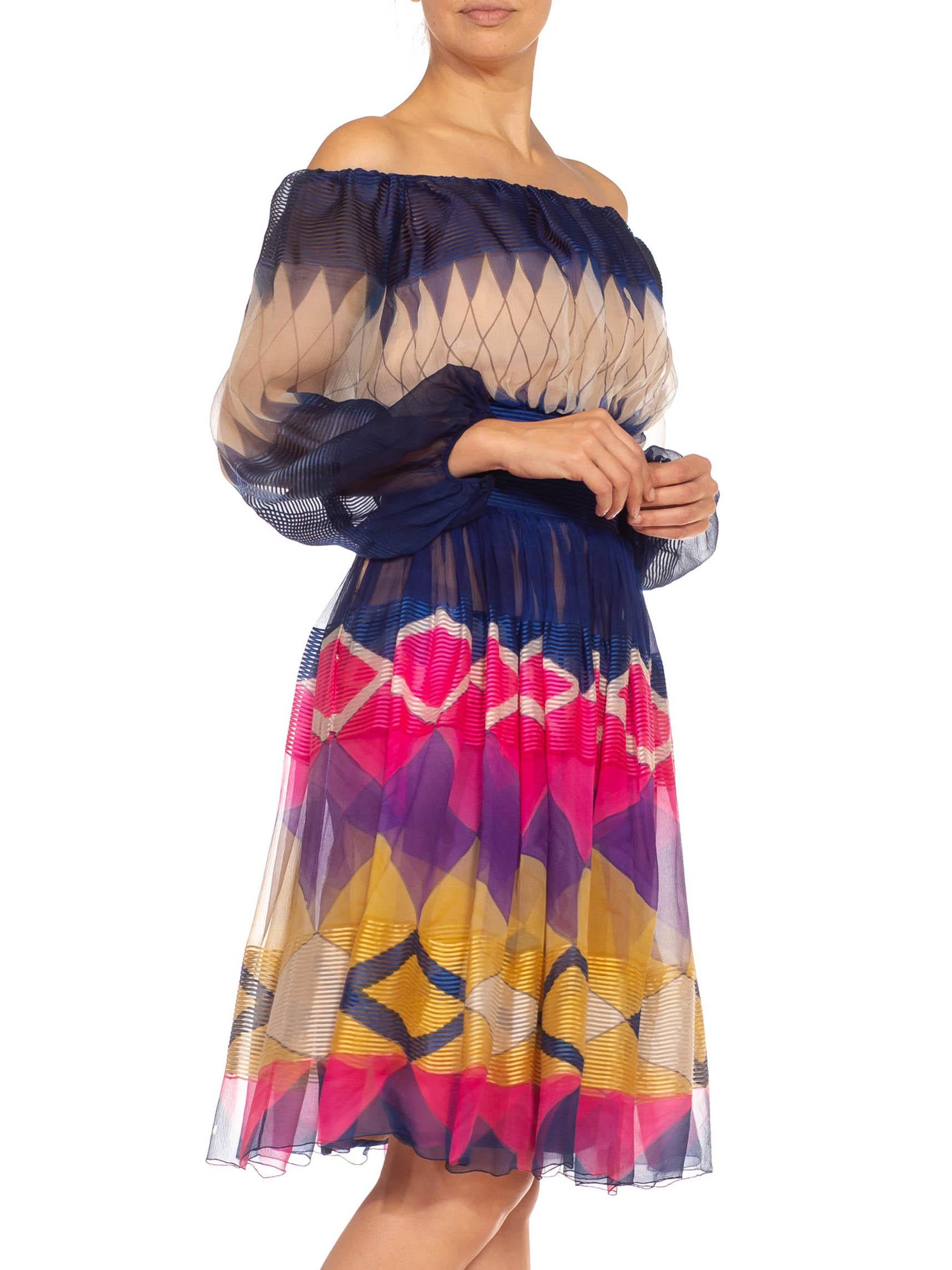 1970S Jean Patou Blue & Pink Silk Chiffon Geometric Couture Dress For Sale 3