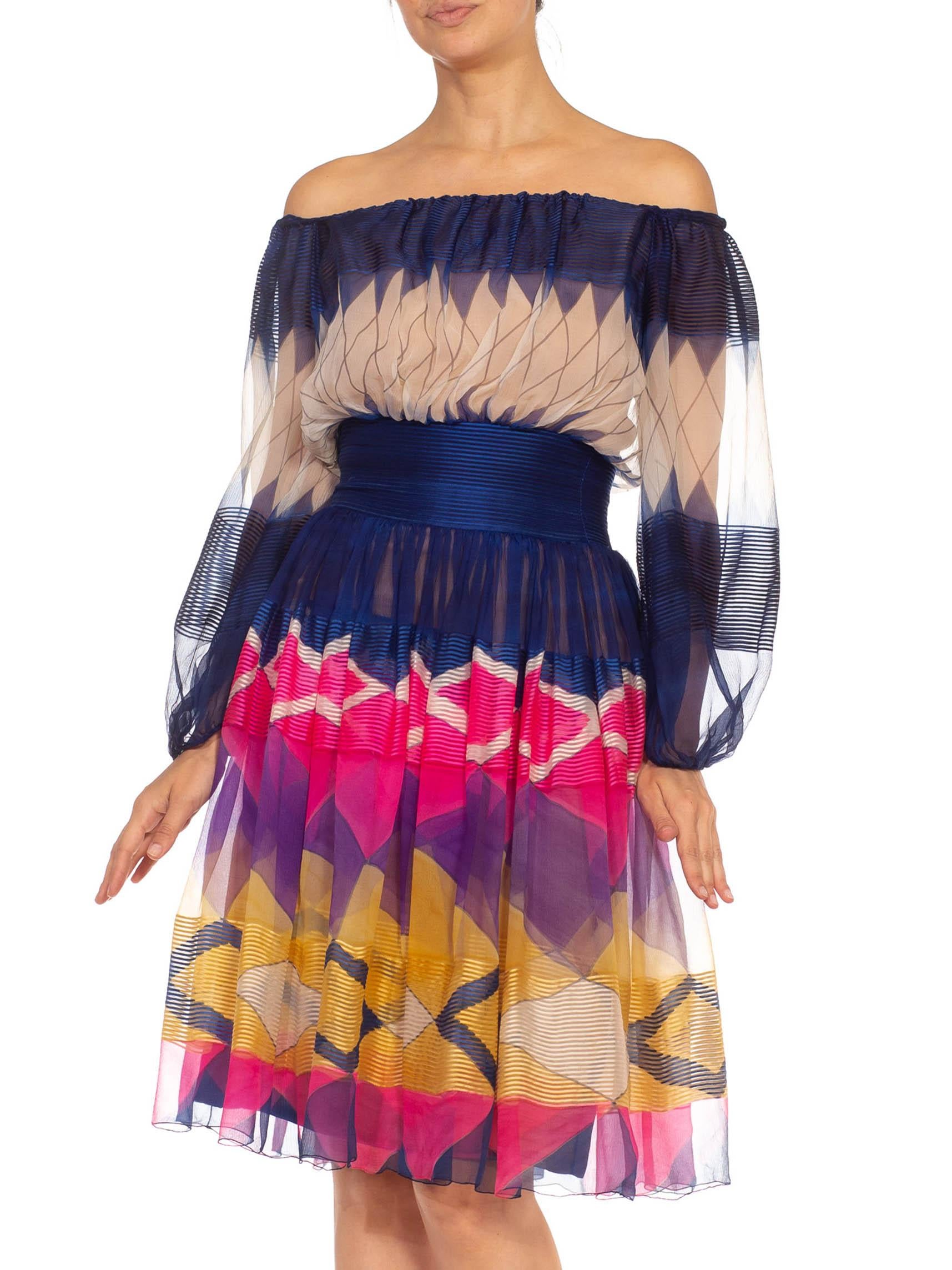 1970S Jean Patou Blue & Pink Silk Chiffon Geometric Couture Dress For Sale 4