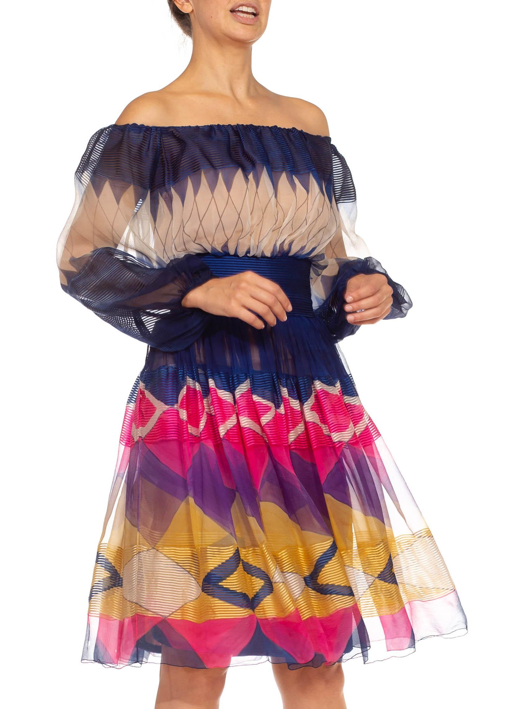 1970S Jean Patou Blue & Pink Silk Chiffon Geometric Couture Dress For Sale 5