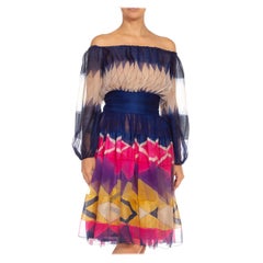 Jean Patou - Robe de couture géométrique en mousseline de soie bleue et rose, années 1970