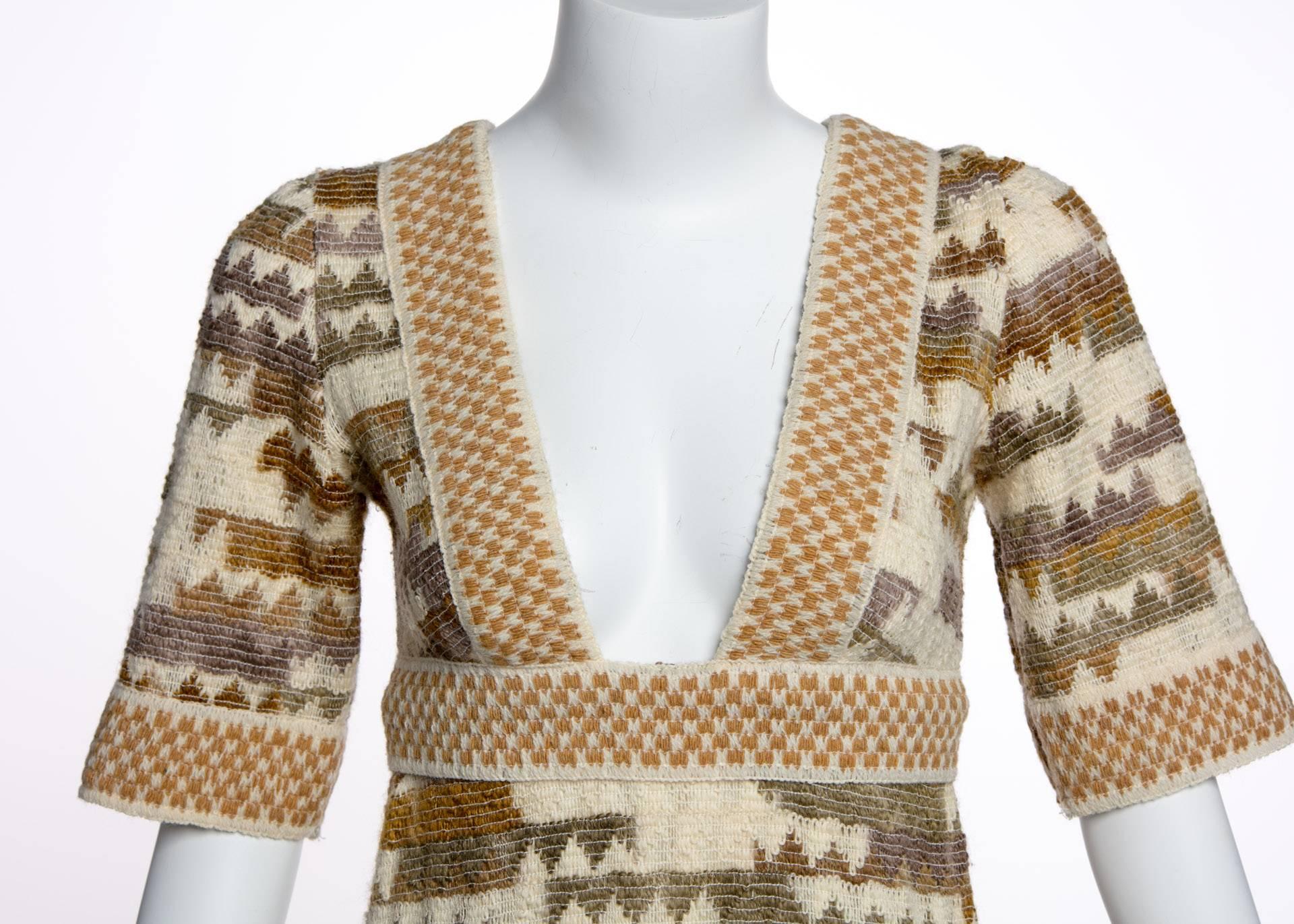 Brown 1970s Jean Varon Ombre Geometric Wool Knit Bohemian Low-Cut Plunge Maxi Dress