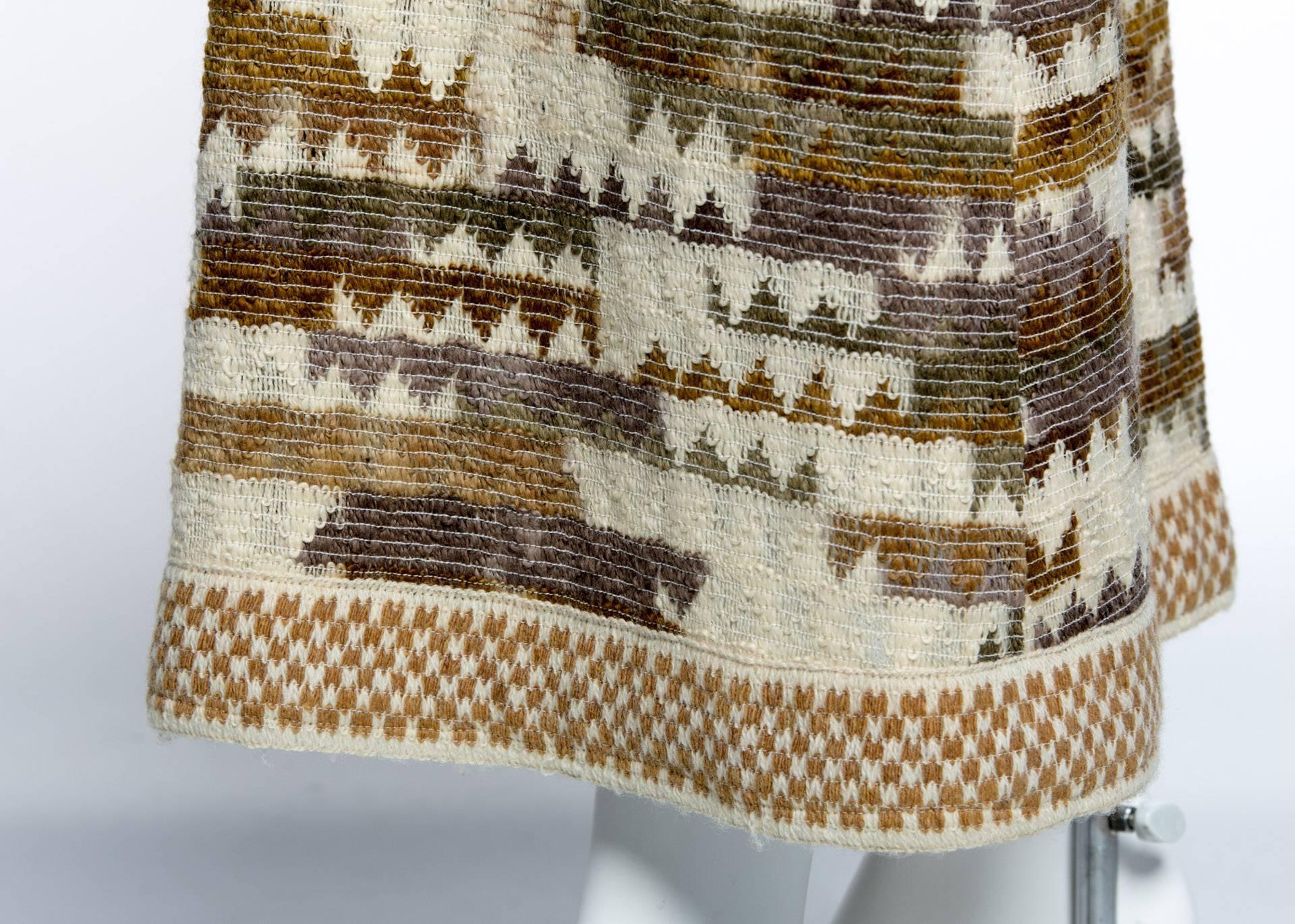 1970s Jean Varon Ombre Geometric Wool Knit Bohemian Low-Cut Plunge Maxi Dress 1