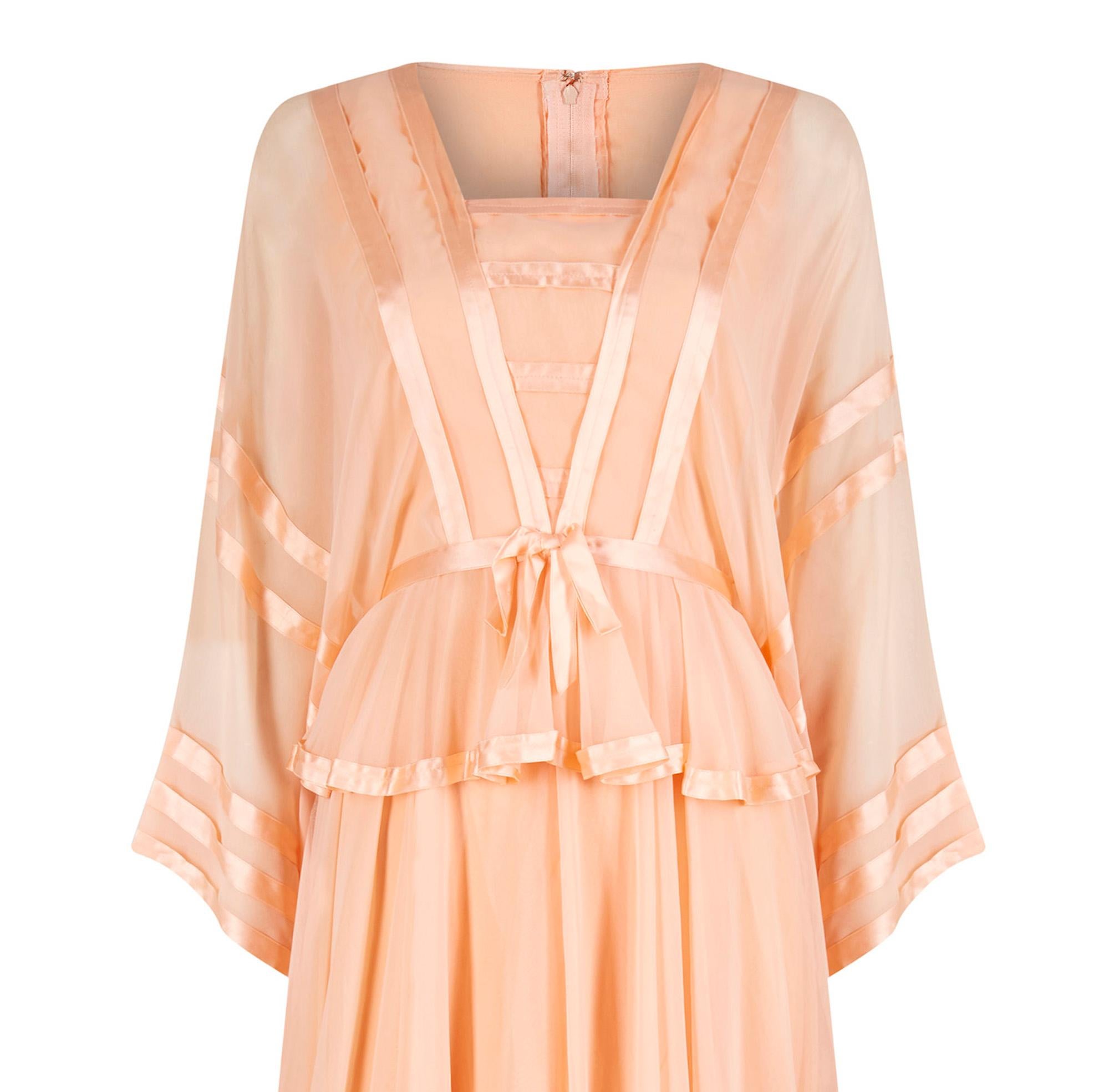 Orange 1970s Jean Varon Peach Chiffon Dress With Ribbon Trim For Sale