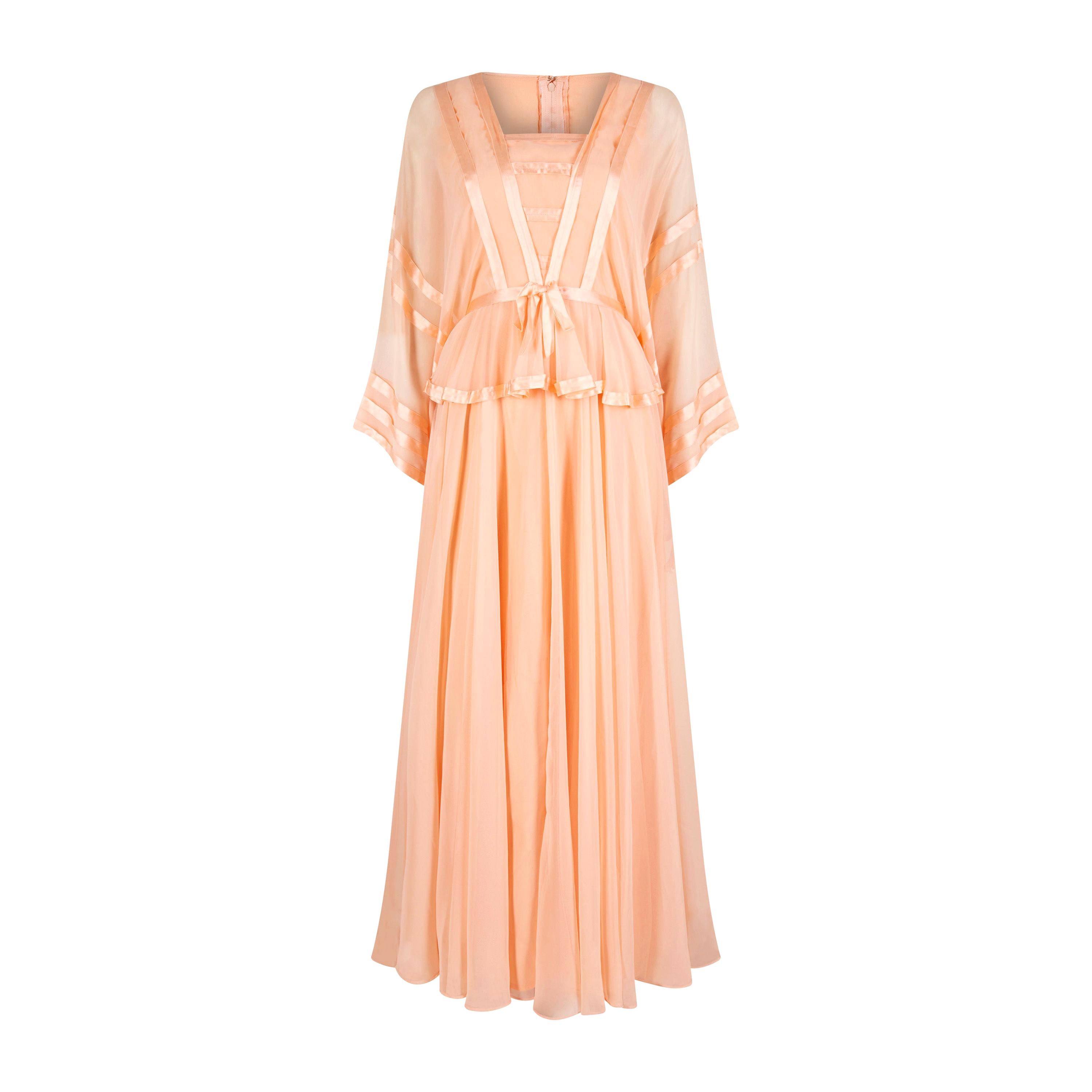 1970s Jean Varon Peach Chiffon Dress With Ribbon Trim For Sale