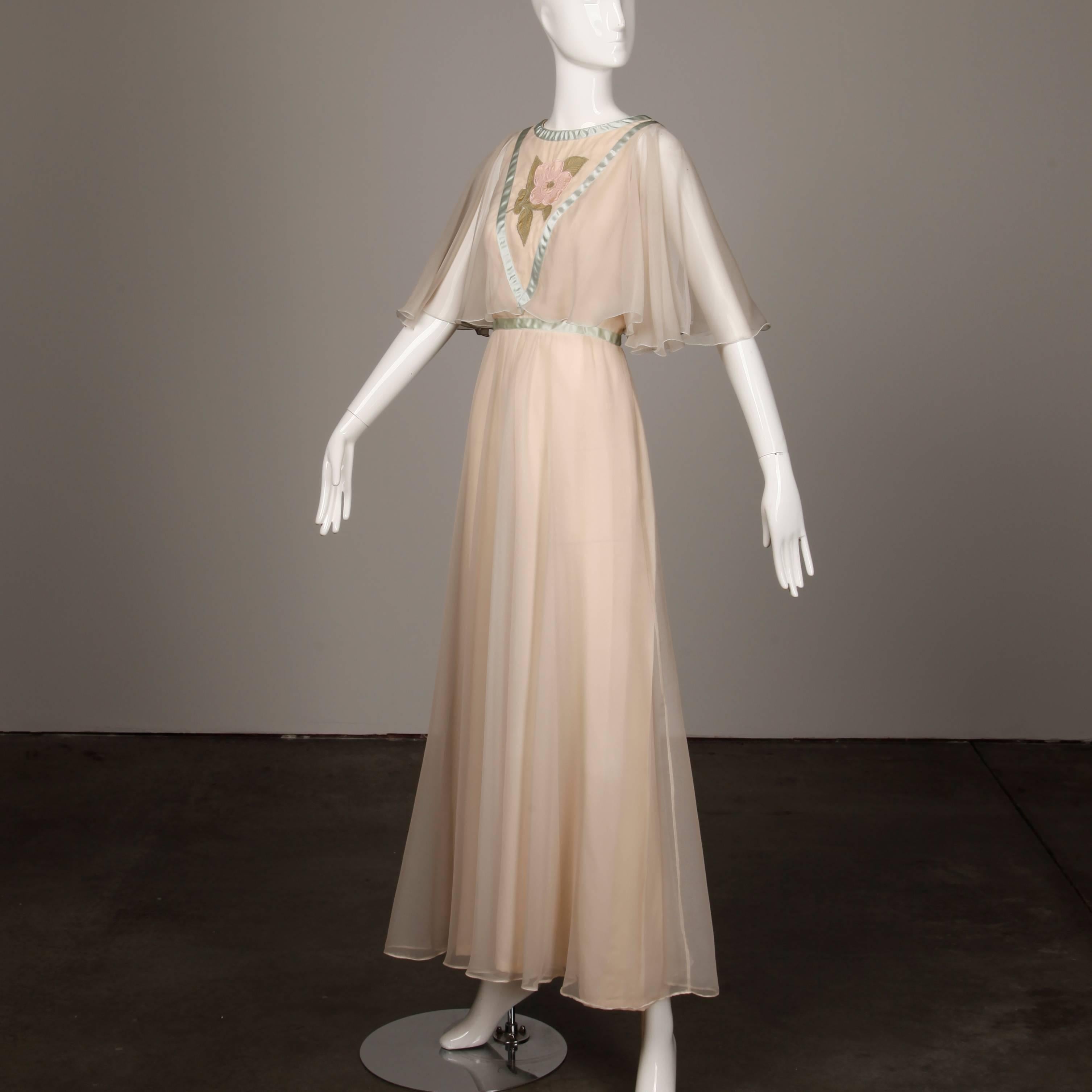 Beige 1970s Jean Varon Vintage Blush Maxi Dress with Embroidered Floral Detail For Sale