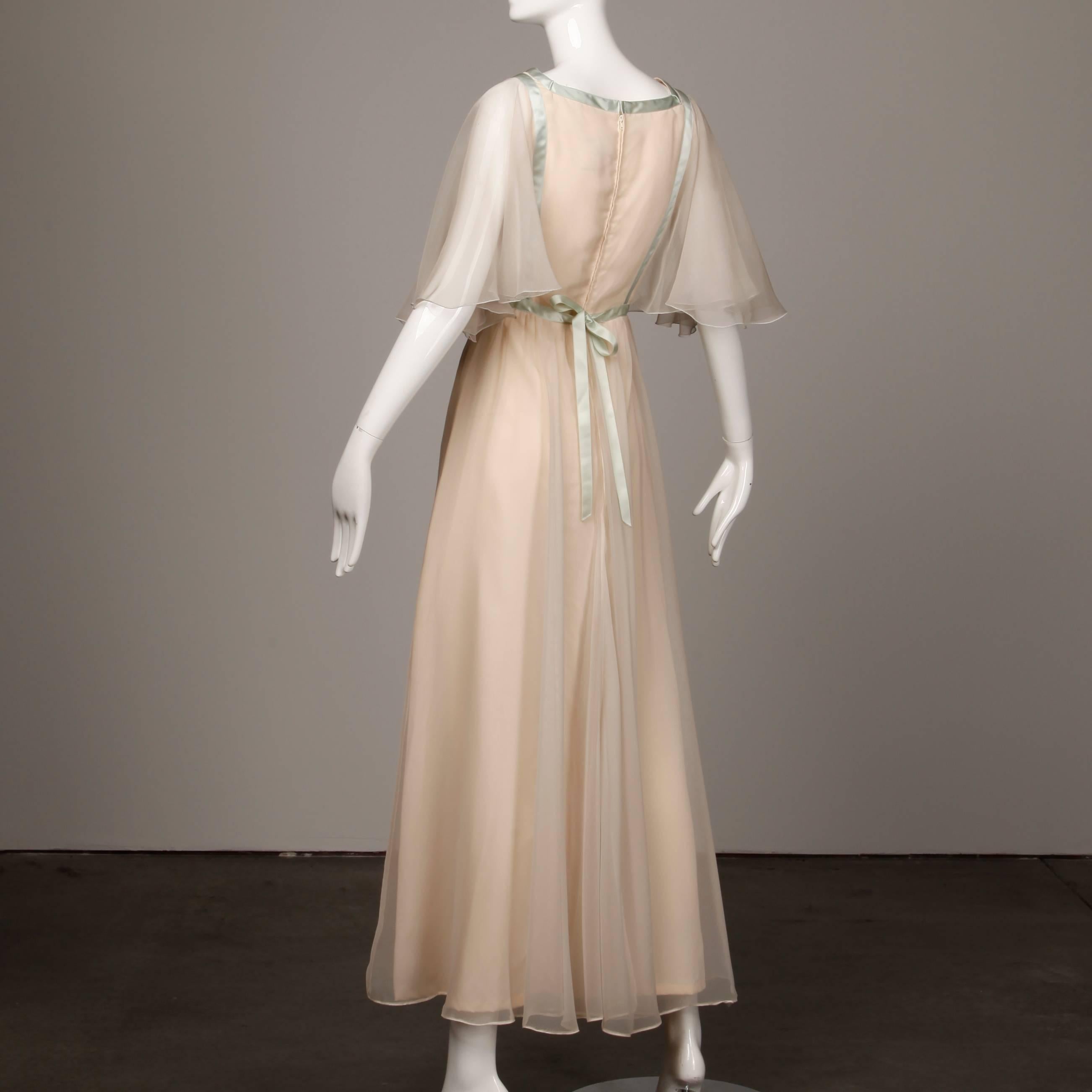 Women's 1970s Jean Varon Vintage Blush Maxi Dress with Embroidered Floral Detail For Sale