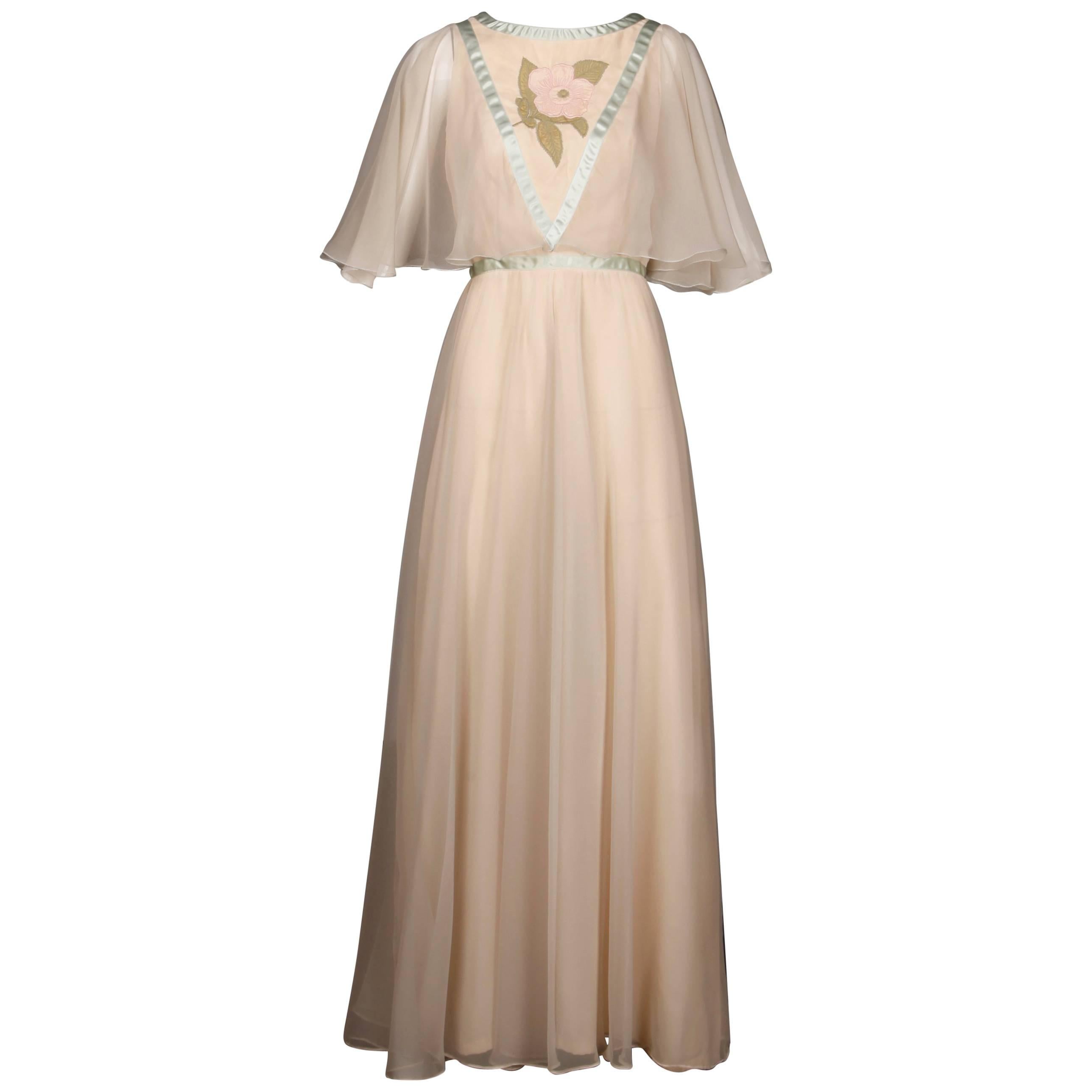 1970s Jean Varon Vintage Blush Maxi Dress with Embroidered Floral Detail For Sale