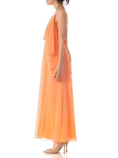 1970S JEAN VARON Peach Polyester Chiffon Backless Minimal Disco Goddess Gown
